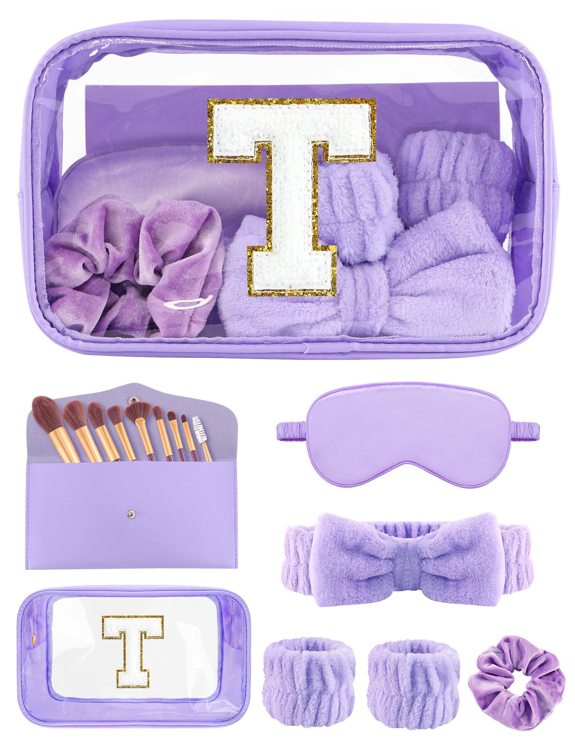 Initial Makeup Bag with Makeup Brush Set Party Favors Gifts for Women Girls | Purple Spa Kit with Skincare Headbands Wrist Bands Sleepover Bachelorette Party Supplies Gifts for Teen Girls Bridesmaid T
