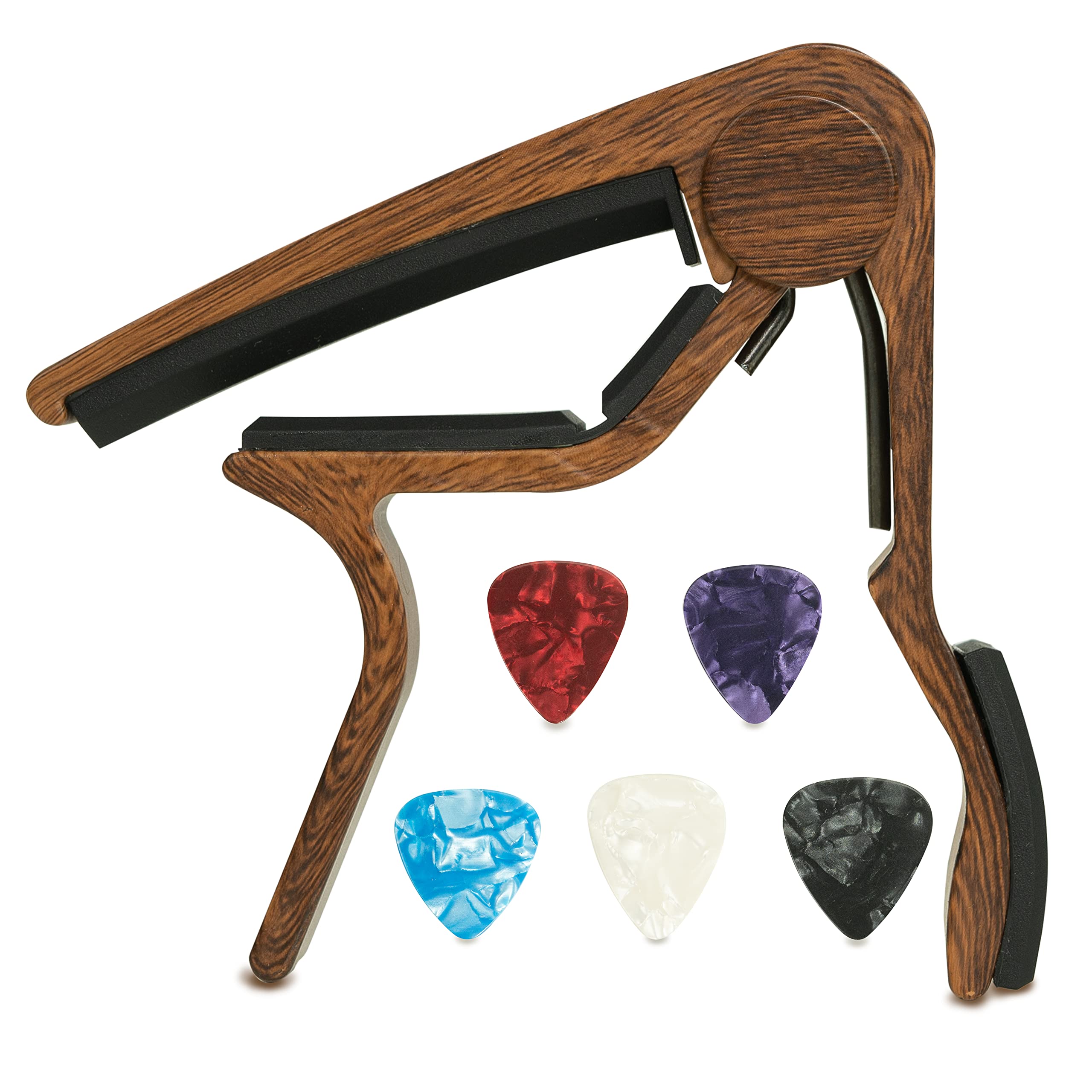 Vokall Capo Quick Change Guitar Capo With 5 Guitar Picks – Aluminum Alloy Capo For Acoutsic And Electric Guitar (Wooden)