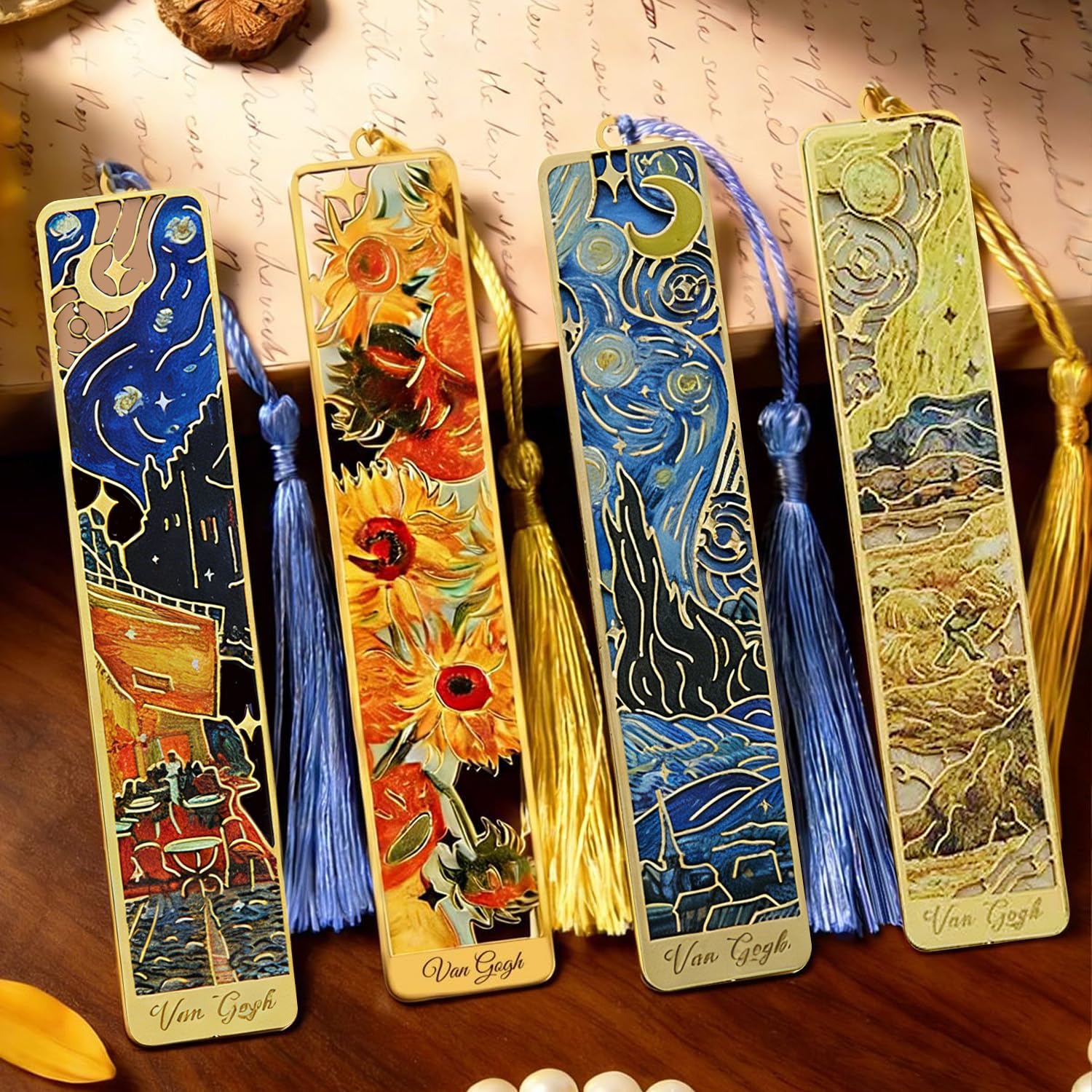 Luxeeva® Aesthetic Bookmarks for Books Inspired by Van Gogh Art Prints, 2.2 * 10.8cm | Durable 4-Pack Set of Aesthetic Bookmarks for Books Gifts for Book Lovers, Premium Accessories for Reading