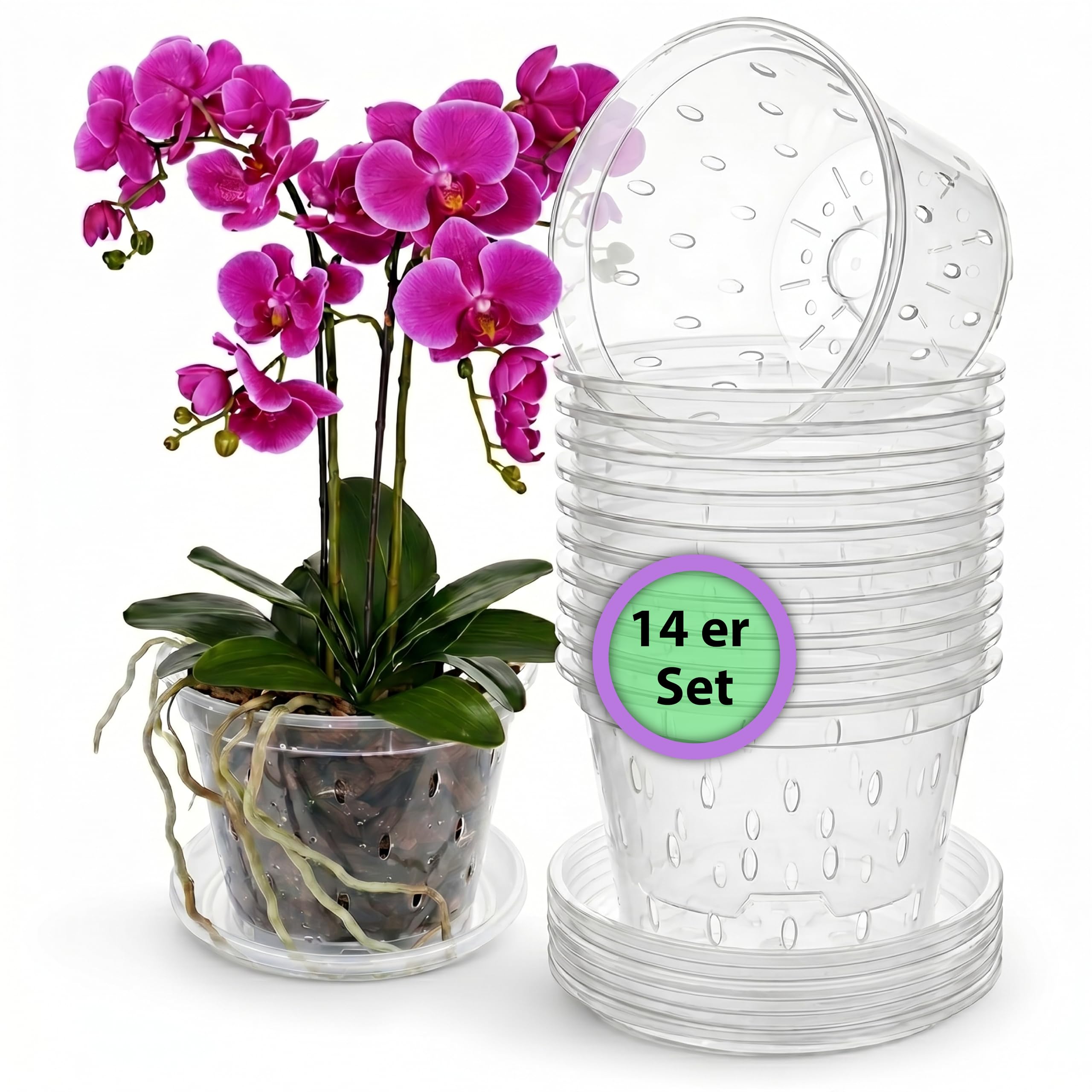 Garten Lux Diameter: 14 Cm. Transparent Set Of 14 Transparent Orchid Pots With Drainage Hole Diameter 14 Cm 1 L And 14 Pieces Saucers Plastic Plant Pots Flower Pots For Orchids For Indoor Use