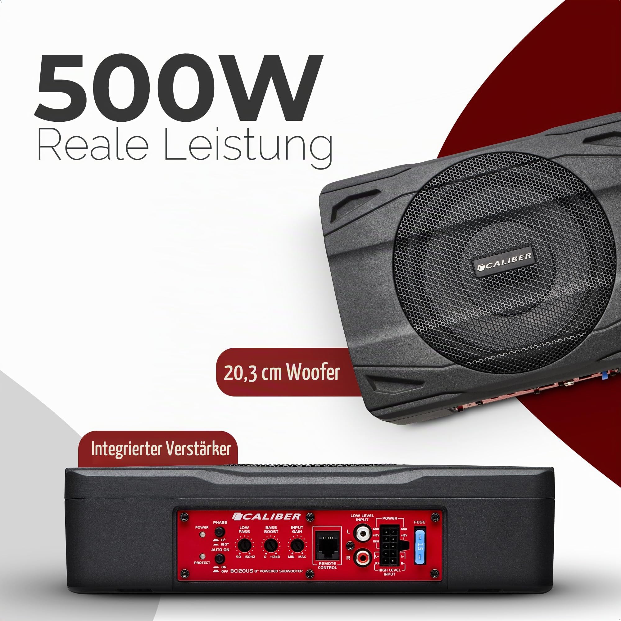 Caliber Untersitz Subwoofer Aktiv – Aktiv subwoofer für Auto - 500W – Verstärker - Bassbox - Car HiFi – 290 x 210 x 72 mm – Schwarz