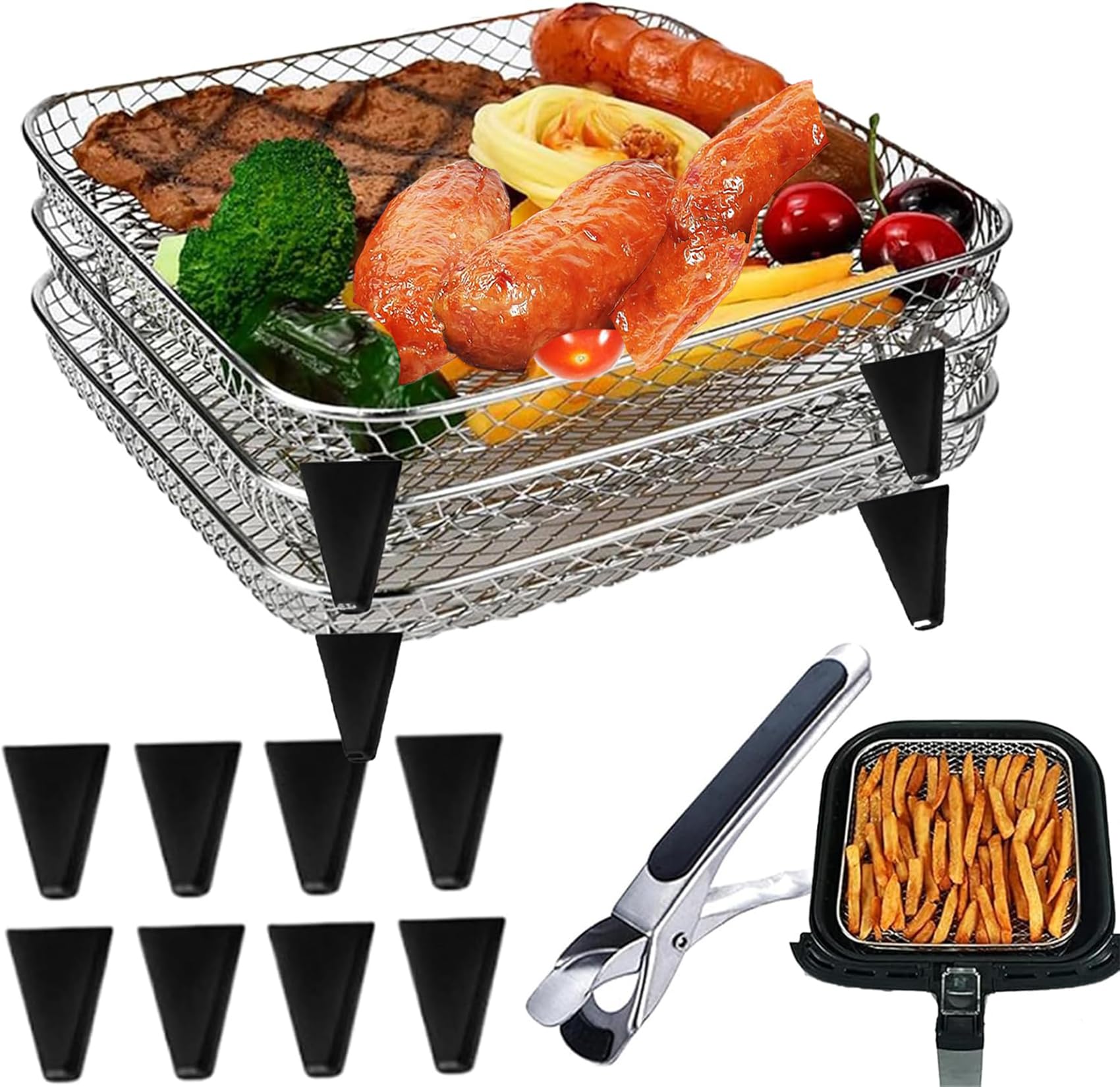 Stojaki do frytkownic, kosz do frytkownic na gorące powietrze, kosze ze stali nierdzewnej Frytter do Airfryer układane w stos, kosze do Airfryer, stojak do frytkownic, ruszt grillowy do frytkownic na