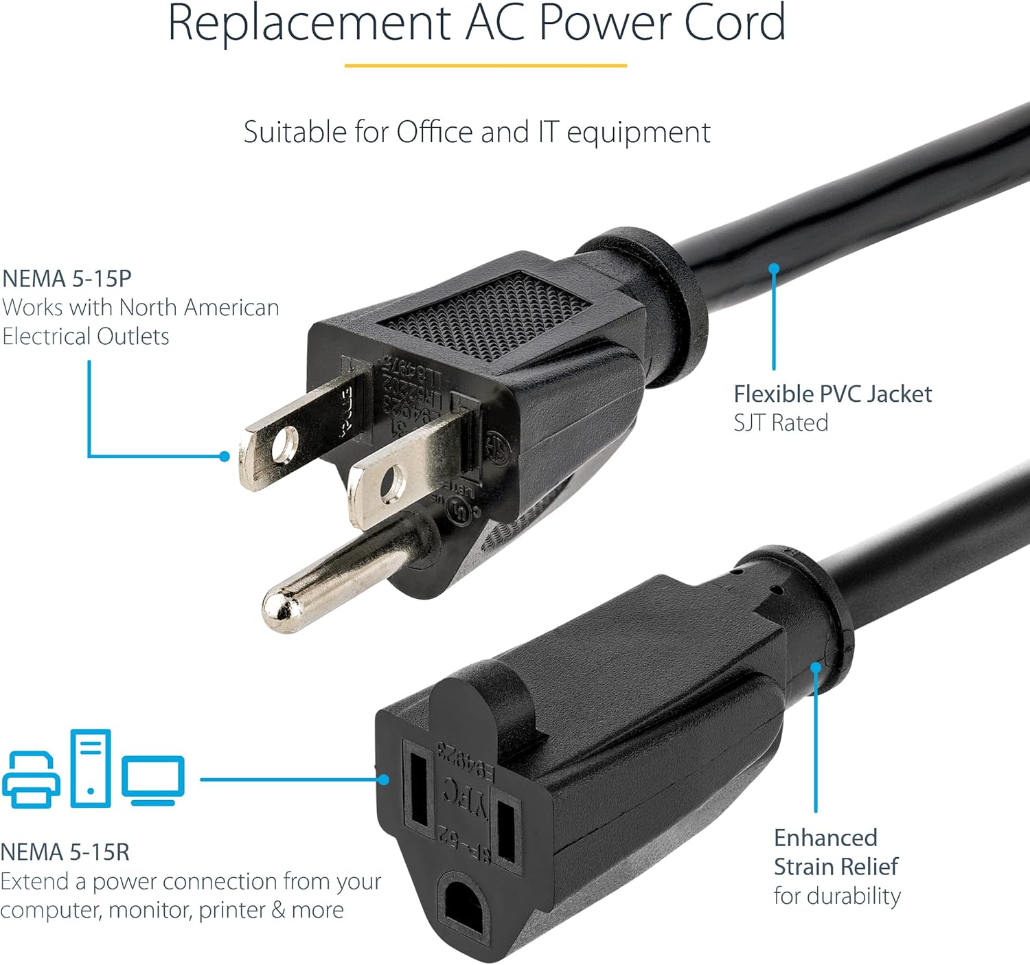 StarTech.com 15ft (4.5m) Heavy Duty Extension Cord, NEMA 5-15P to NEMA 5-15R Extension Cord, 15A 125V, 14AWG, Heavy Gauge Extension Power Cable, Heavy Duty AC Power Cord, Black (HX-15F-POWER-CORD)