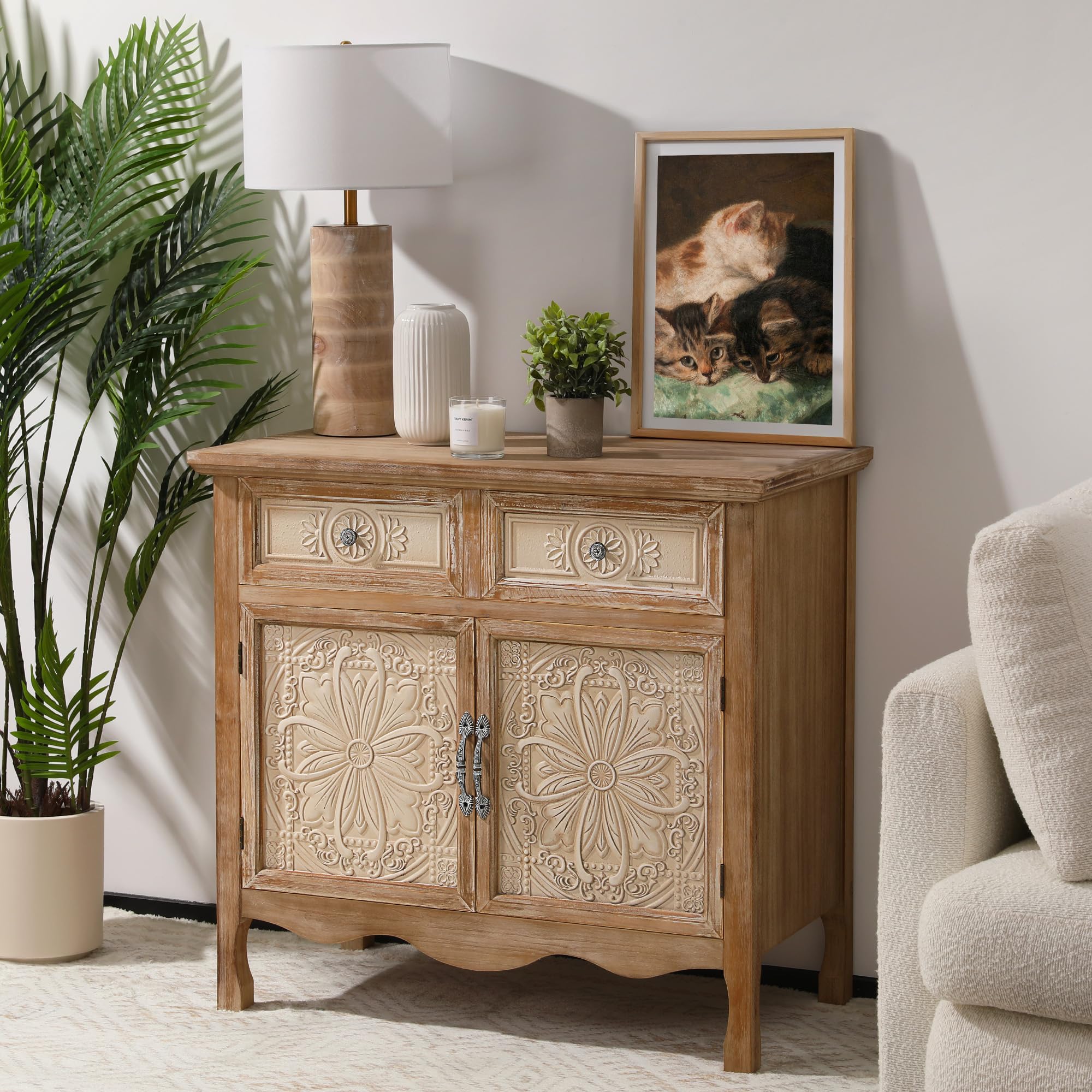 RoyalCraft Sideboard Buffet Cabinet, Solid Wood Accent Cabinet with 2 Carved Doors and 2 Drawers, Vintage Credenza for Kitchen, Living Room, Hallway, Natural Oak