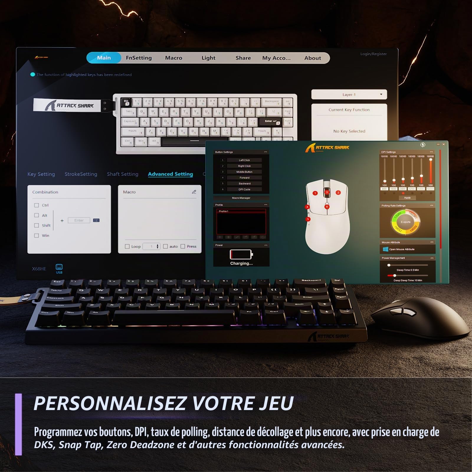 ATTACK SHARK X68 HE & R1 Ensemble Clavier et Souris Gaming, Clavier Gamer Filaire 8000Hz Rapid Trigger, 0,01 mm RT, Snap Tap, Souris sans Fil Superlight 59g, 18000 DPI, BT/2.4G/USB-C, Noirs