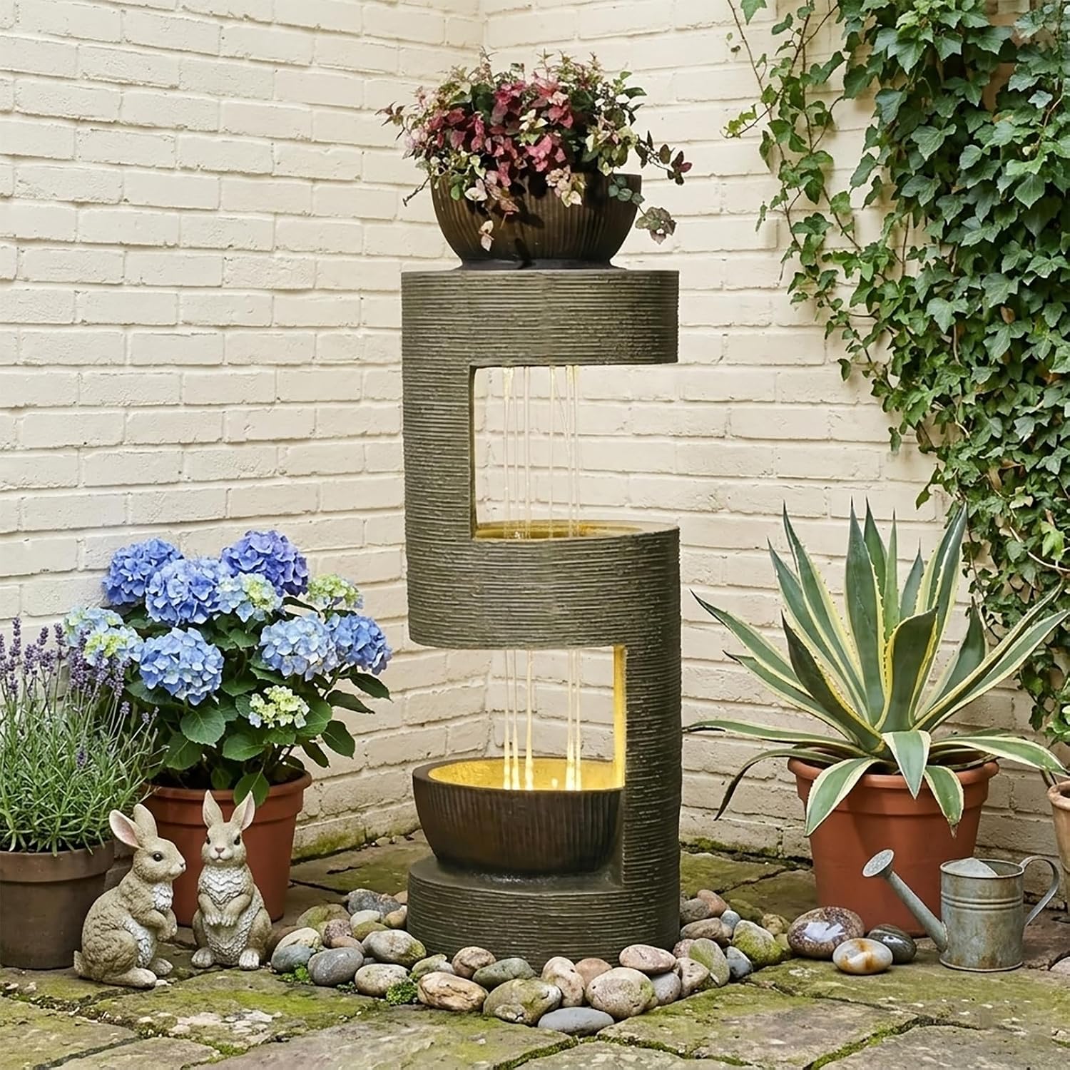 Sunlinua 33" H Modern Outdoor Water Fountain Cascading Realistic Rock Waterfall Fountains with LED Warm Lights Outdoor Water Fountain for Garden Patio Backyard Porch Home Decor Brown