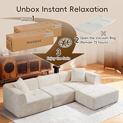 Miniatura 8 de Sofá modular de 108 pulgadas, diván en forma de L, sofá deshuesado de felpilla de gran tamaño con asiento profundo, sin montaje, sofá nube de 3