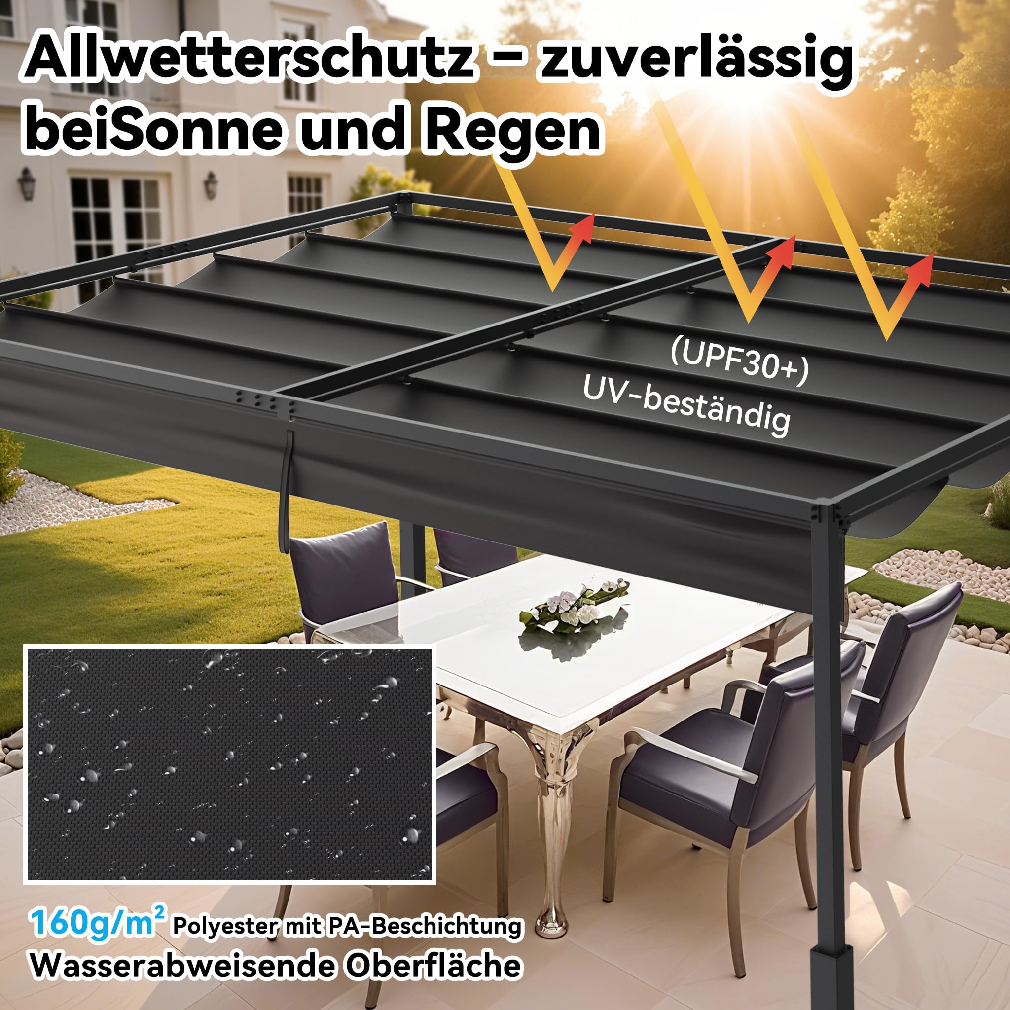 Metall Pergola mit Schiebedach, 3x4 m Pavillon Stabil Terrassenüberdachung Sonnenschutz überdachung Freistehend Gartenpavillon mit Robusten Metallsäulen für Gärten Schwarz
