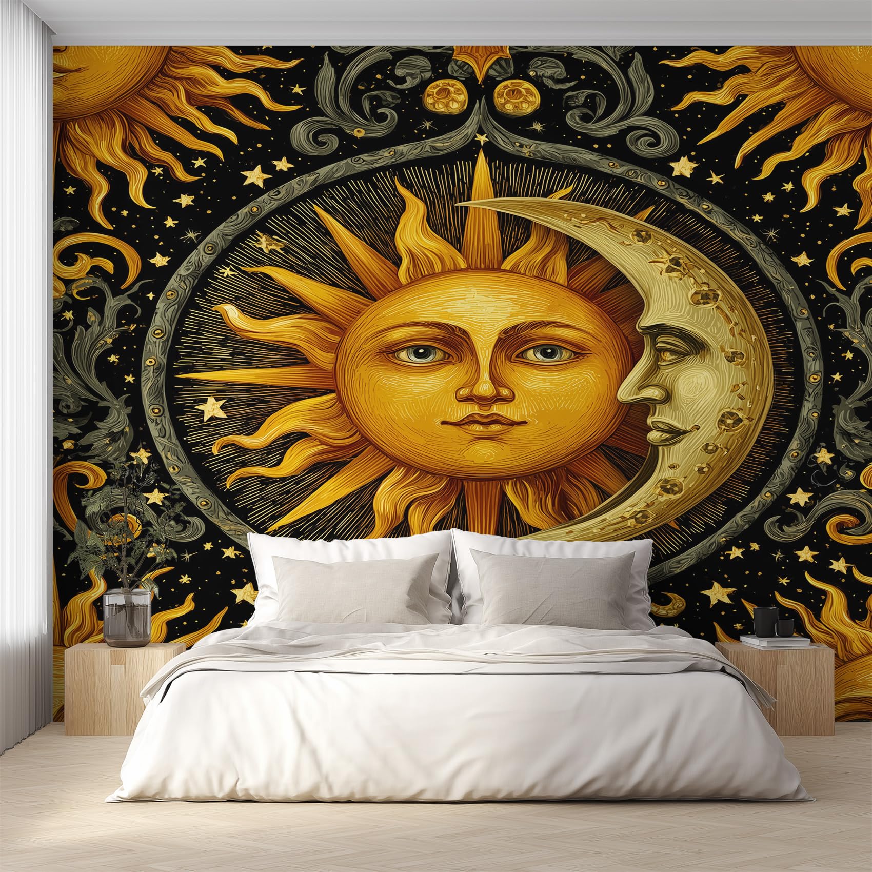 Papier peint soleil et lune panoramique bohème fresque murale salon L300xH210
