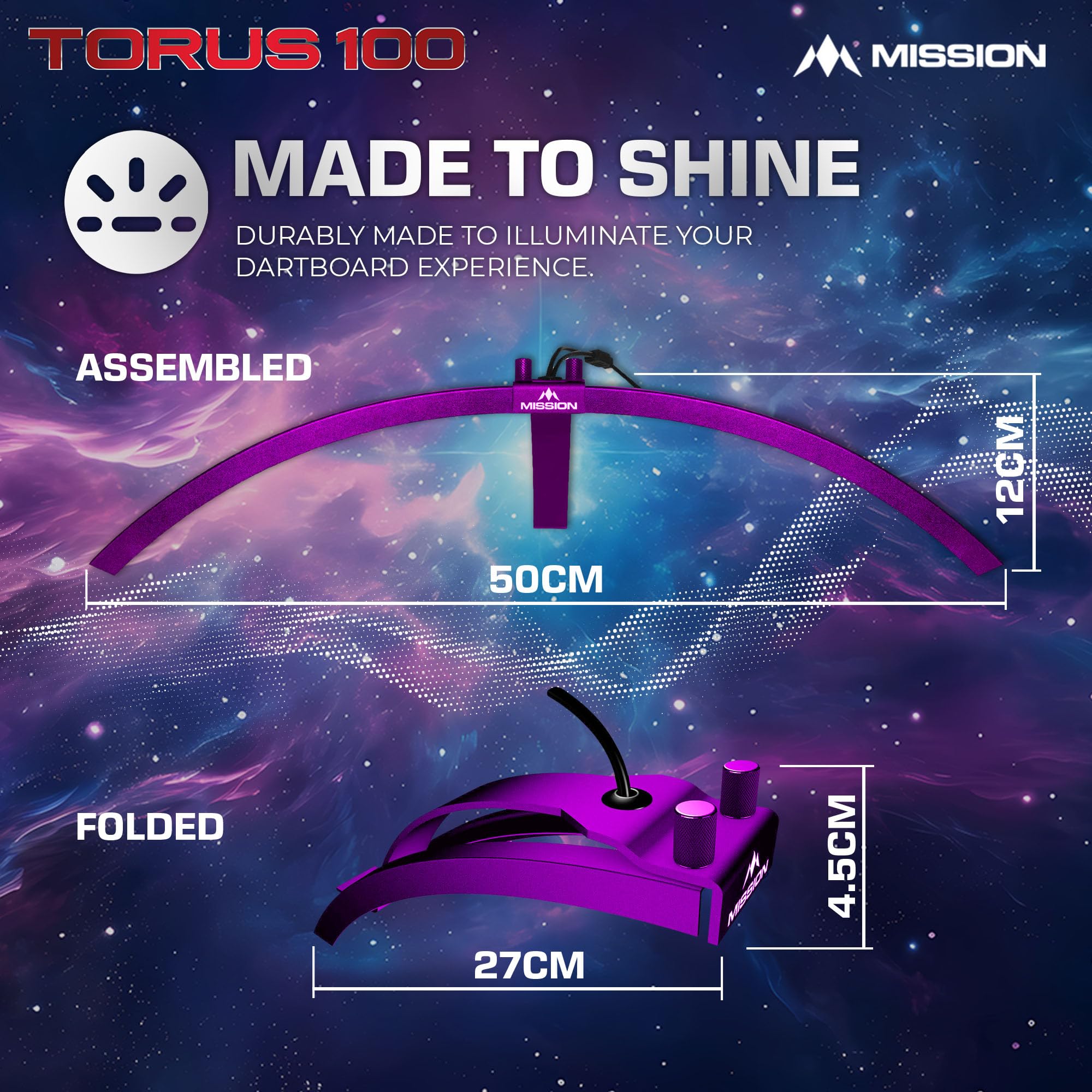 Mission Darts TOR100 Torus 100 | Sistema di illuminazione da viaggio pieghevole a LED per bersaglio per freccette