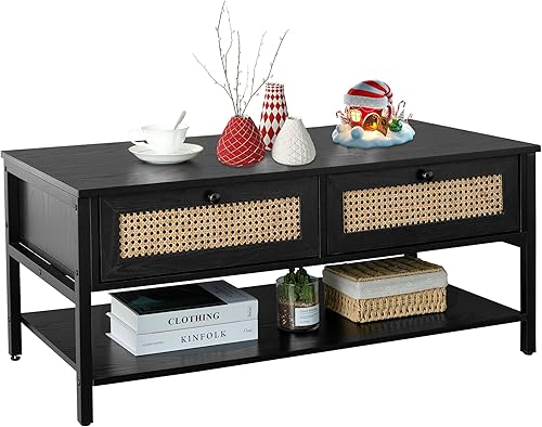 Mesa de centro bohemia con puertas correderas de ratán natural, mesa de centro moderna de mediados de siglo con almacenamiento, mesa de centro de