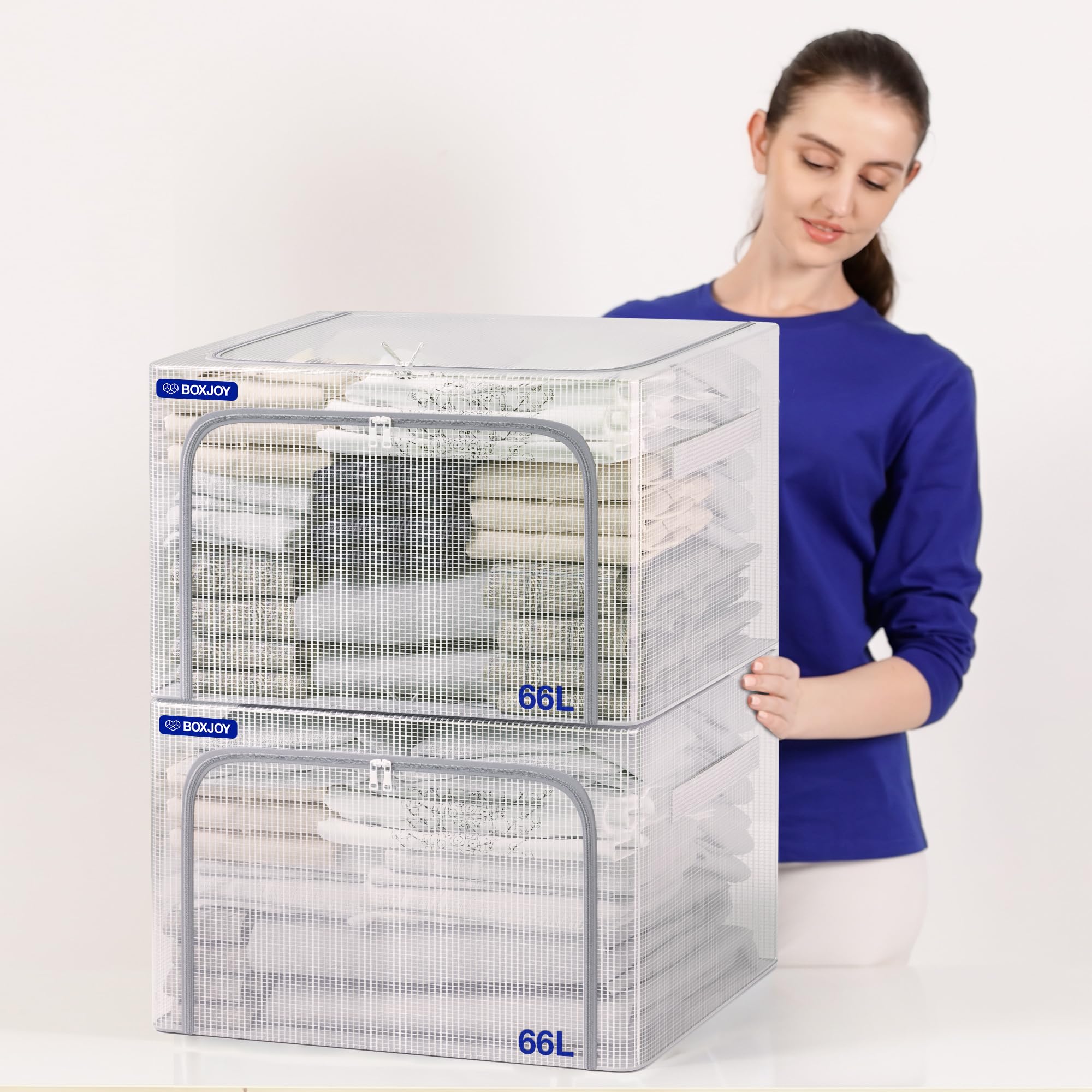 BOXJOY Foldable Steel Frame Transparent Large 66L Pack of 2 Clothes Storage Bags Organizer Box for Saree Shirt Blankets with Clear Front & Top Open Almirah Wardrobe Organiser Closet for Cloth Cupboard-image-49