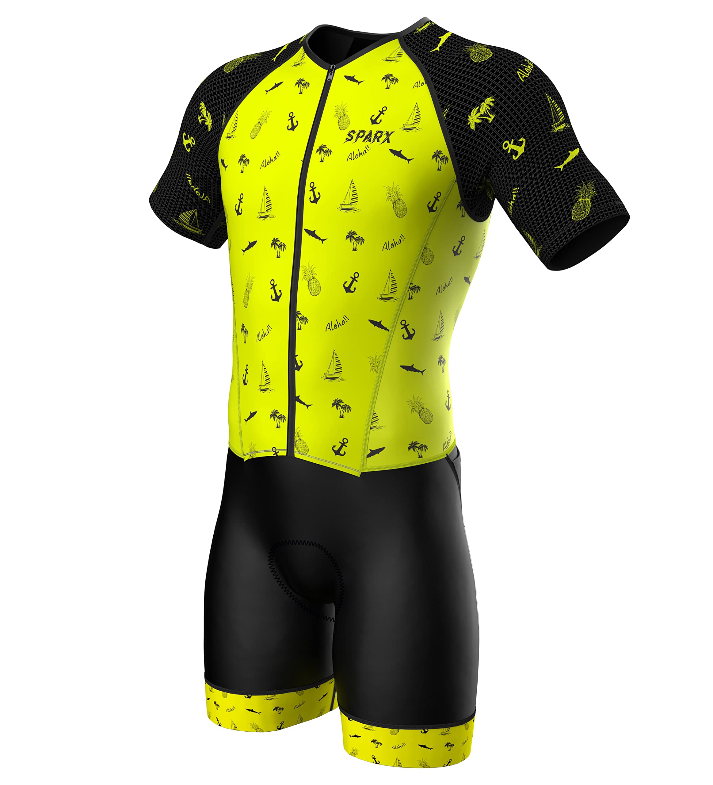 Sparx Mens Elite Aerosuit Triathlon Suit Mens Short Sleeve Tri Suit Skinsuit (Aloha, Large)