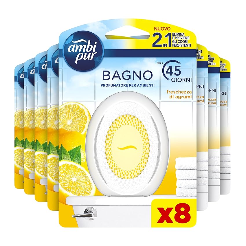 Immagine del prodotto Ambi Pur Bagno Profumatore Per Ambienti, 8 Profumatori Bagno, Fragranza Freschezza Di Agrumi, Diffusore Ambiente Con Tecnologia Elimina Odori, Durata Fino A 45 Giorni Per Profumatore
