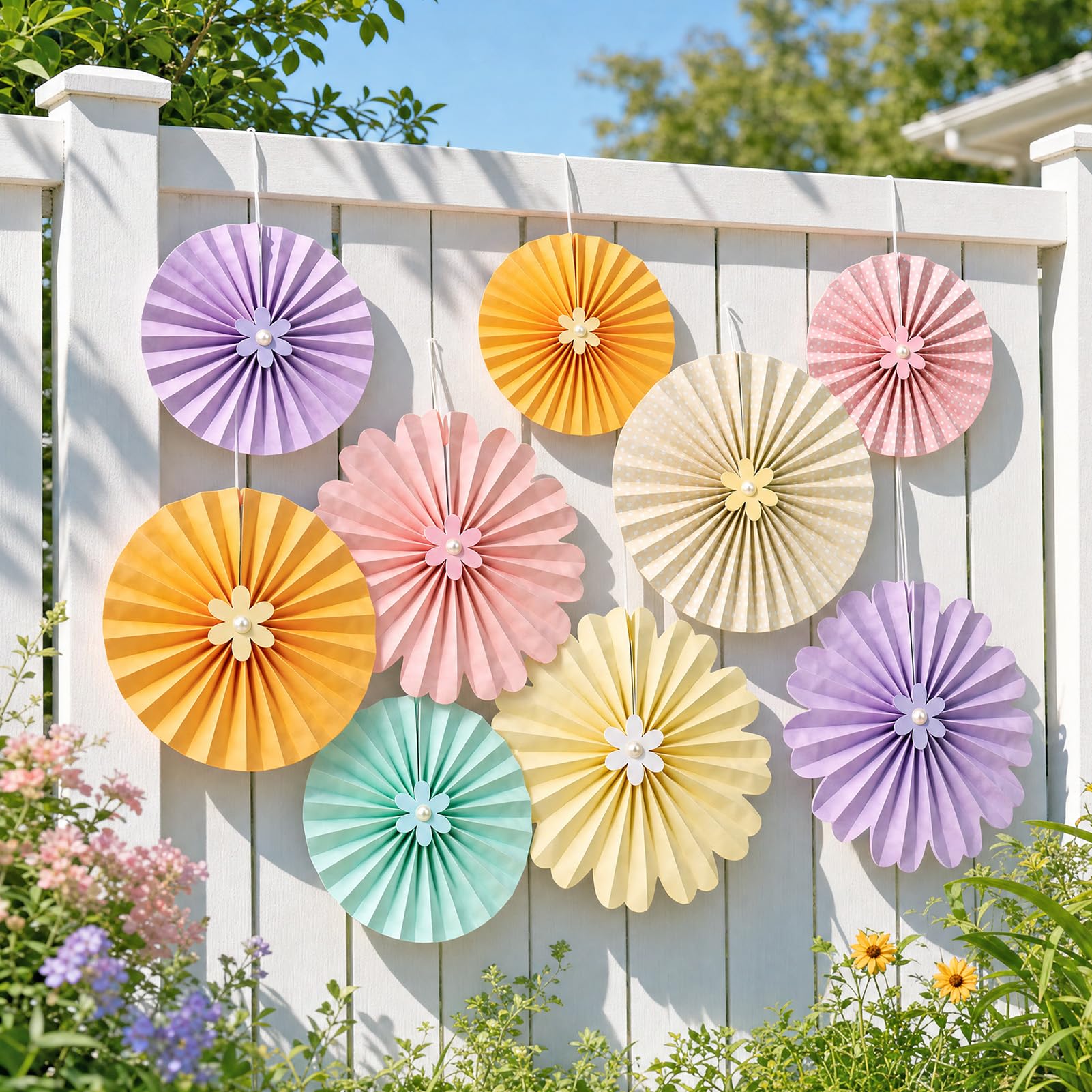 Photo 1 of OBBOLO Pastel Paper Fans, Pastel Decorations for Party, Birthday, Classroom, Birthday, 9 PCS Yellow, Pink and Purple Pastel Paper Flower Decorations for Baby Shower, Wall Decor