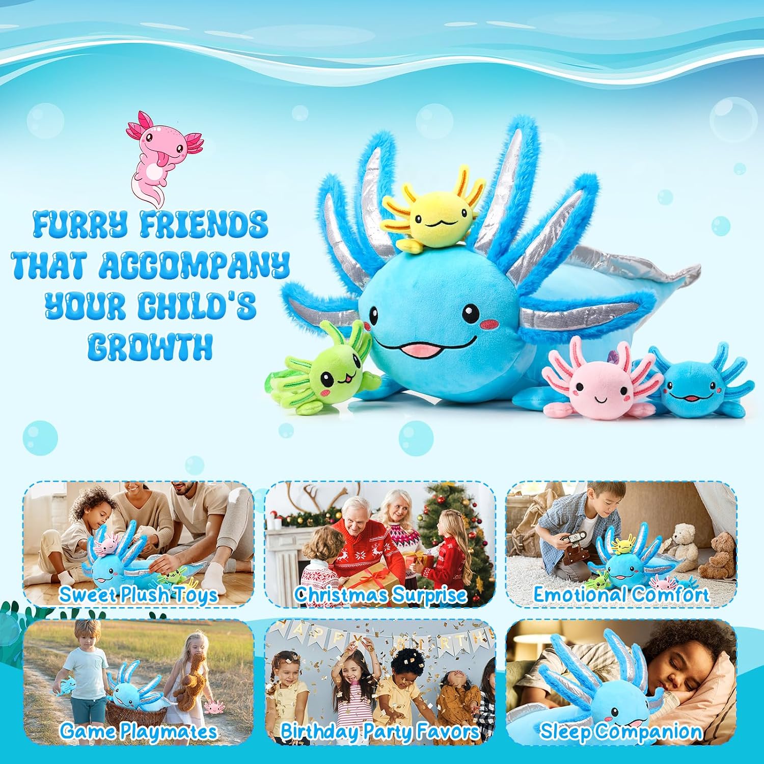 Aoriher 5 Pcs Axolotl Plush Set 24 Inch Mommy Axolotl Stuffed Animal with 4 Cute Plush Babies in Belly Soft Cuddly Plushie for Kids Sleeping Birthday Graduation Valentine Gift Party Favors(Blue)