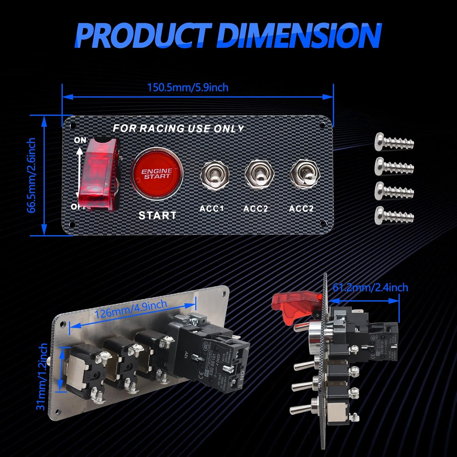Geloo Ignition Switch Panel 12V Racing Car Engine Start Push Button Switch Panel Carbon Fiber LED Toggle Switches for Race Car RV Truck 5 in 1