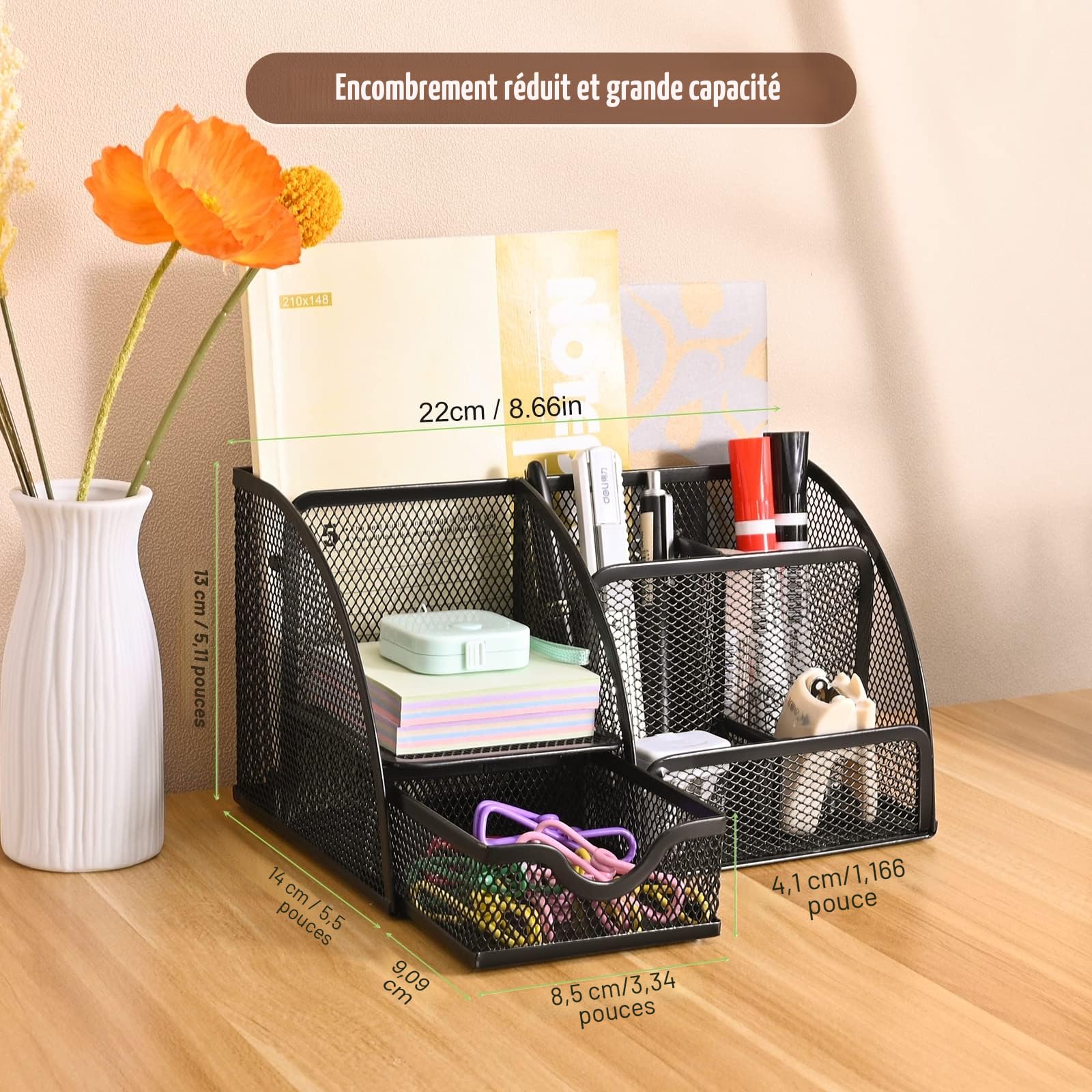 MumdoYAL Organisateur de bureau en maille métallique avec tiroir et porte-stylos pour stylos, notes adhésives, agrafeuses, trombones, compact et élégant pour un gain de place.