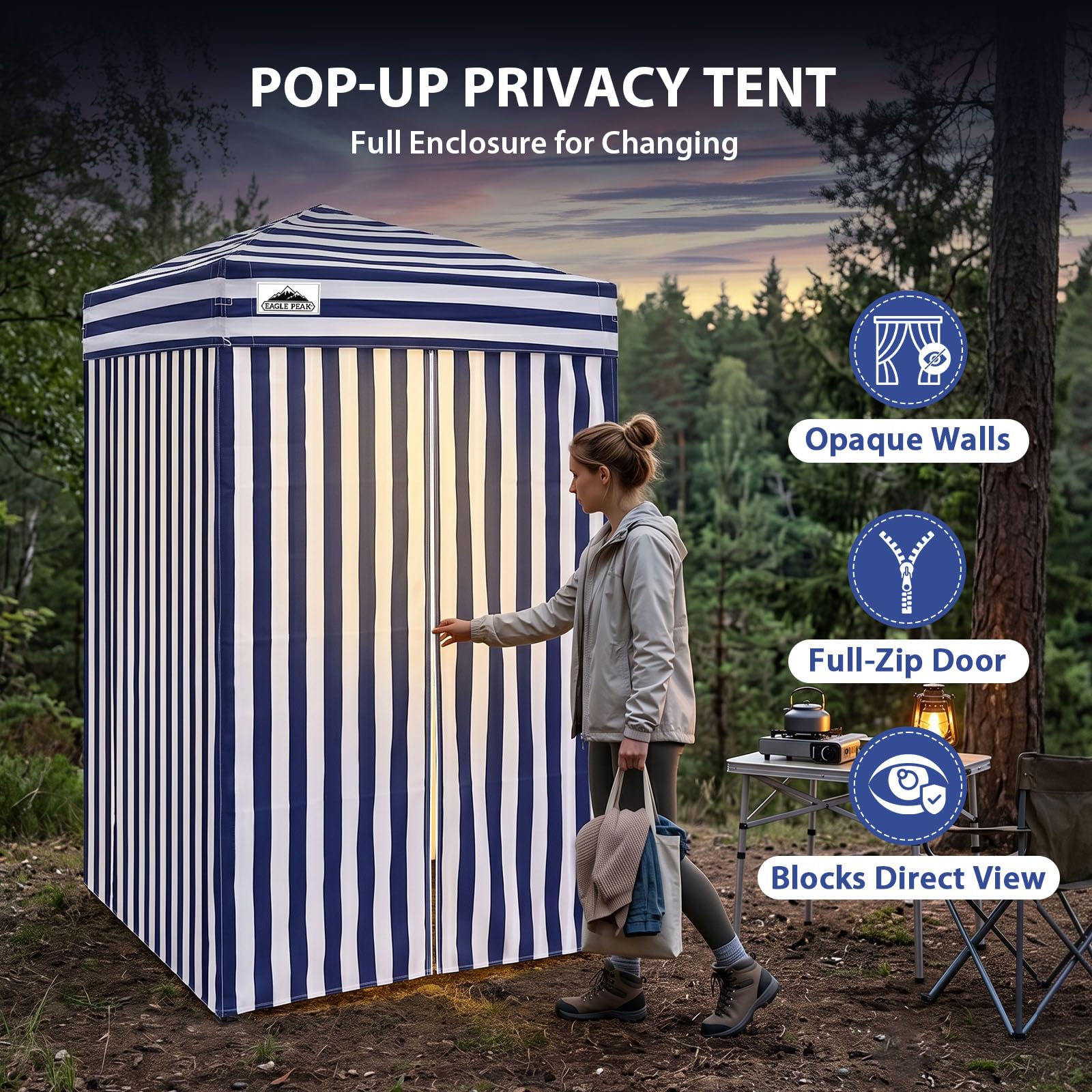 EAGLE PEAK Flex 1,2x1,2 m ultrakompaktowy namiot pop-up — osłona przeciwsłoneczna i przebieralnia, przenośna kabina prywatności na basen, kemping, sesje zdjęciowe, Biały/Niebieski