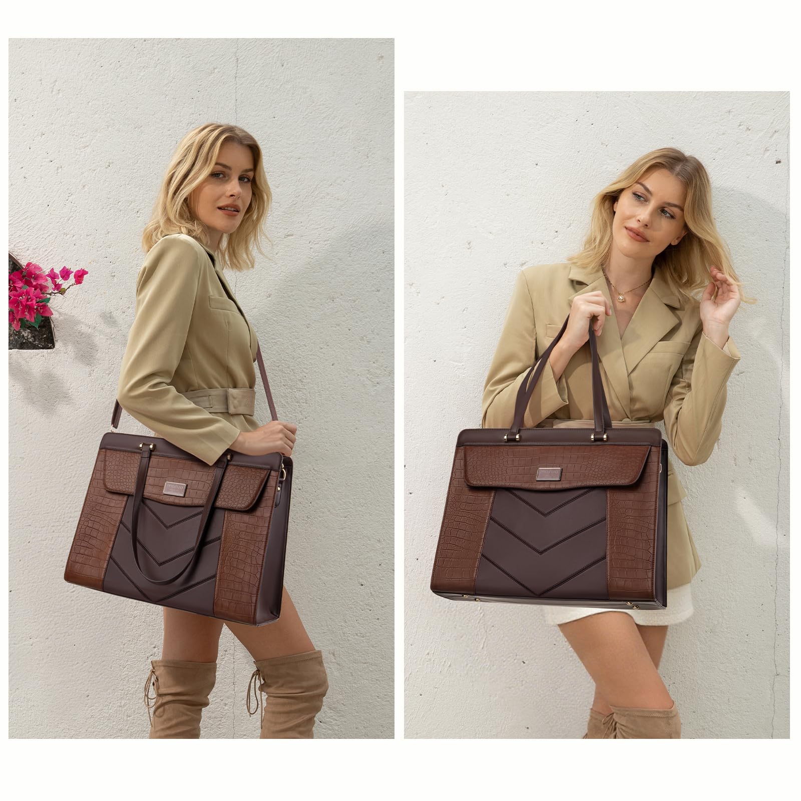 MOSISO Borsa Tote Laptop Donna, 15.6 Pollici Borsa a Mano e Pochette Grande Capacita Pelle PU e Tasca con Patta, Borsa Lavoro Impermeabile Computer Pelle Coccodrillo, per Ufficio, Marrone