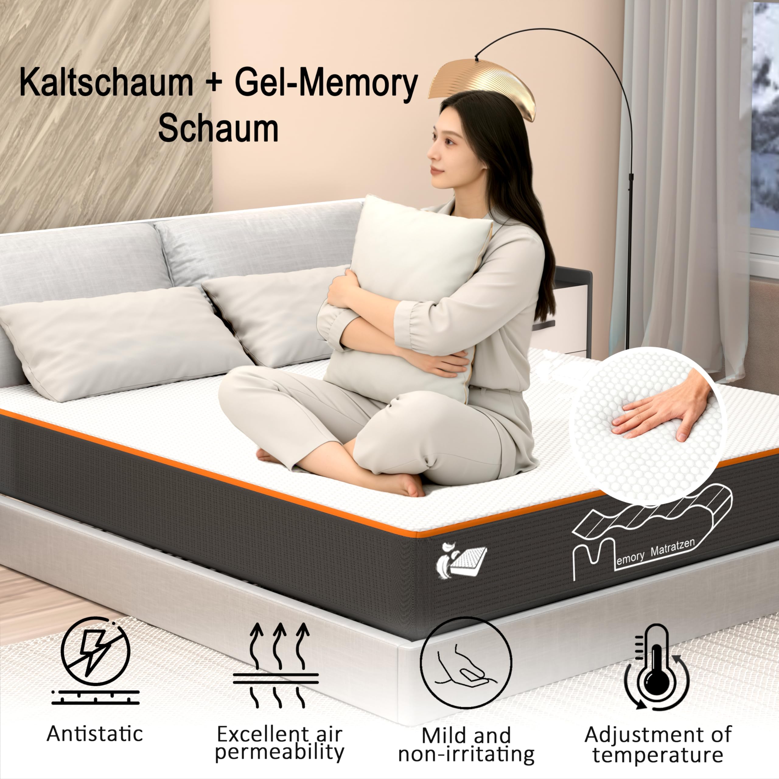 Materasso 160 x 200 cm, altezza 26 cm, materasso in schiuma fredda in gel, 7 zone, grado di durezza H2/H3, Premium Memory Foam per letto doppio, camera da letto familiare (160 x 200 x
