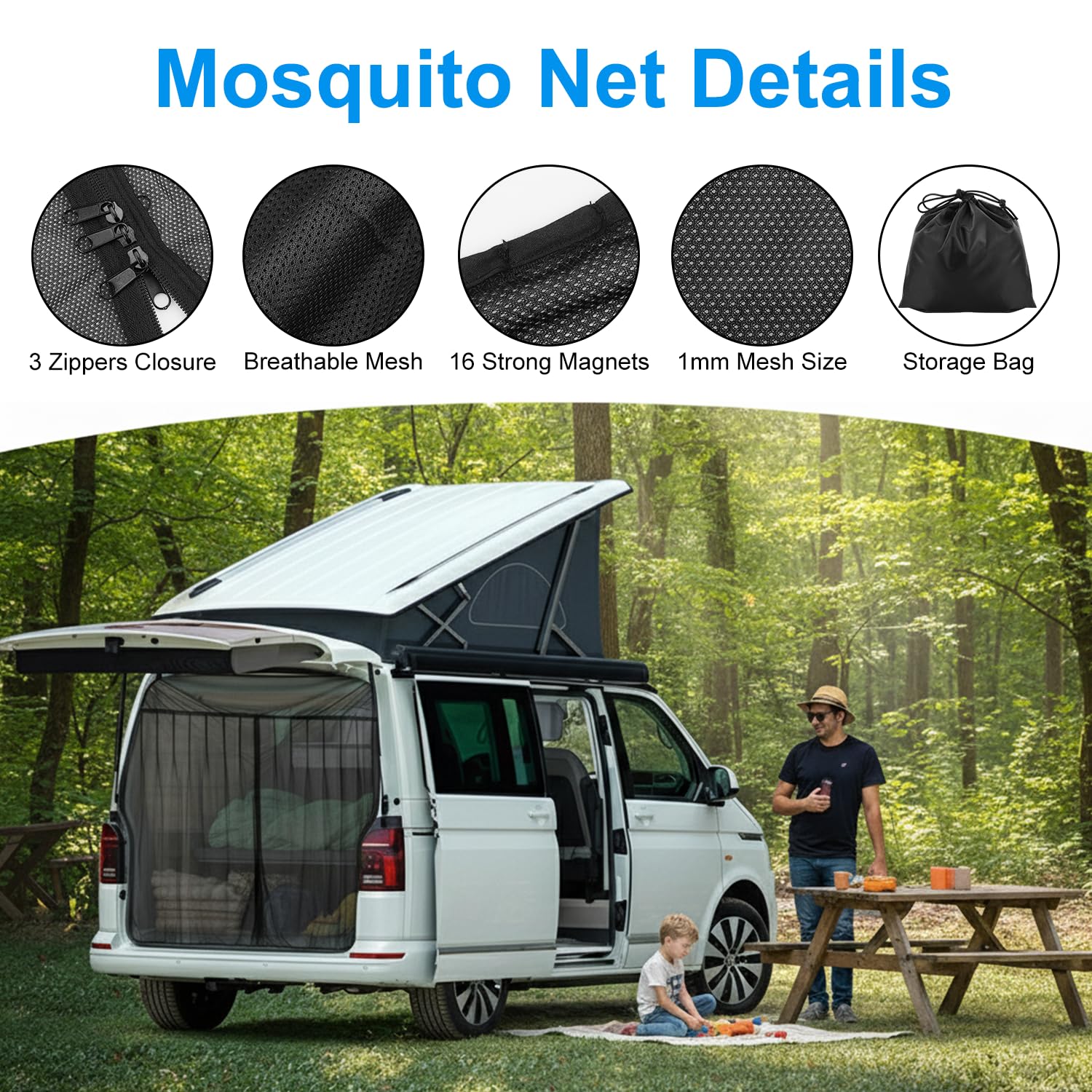 Erato Zanzariera Magnetica per Furgone, Schermo Antinsetti 155x170 cm con 3 Chiusure a Zip e 16 Magneti per VW T5/T6/T6.1/T7 California, ID Buzz, Trafic, Ducato Camper, Marco Polo e Transit