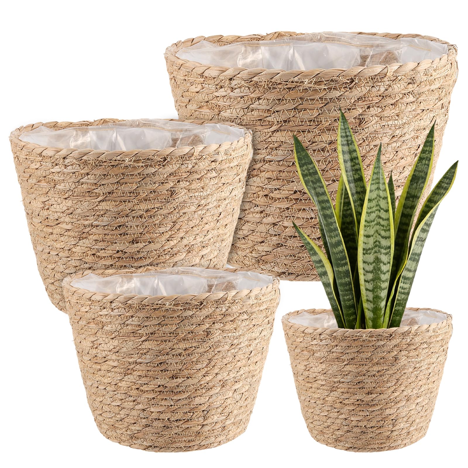 MAHIONG Set of 4 Seagrass Planter Basket, 6" 7" 9" 10" Hand Woven Plant Basket with Waterproof Plastic Liner, Round Natural Flower Pot for Indoor