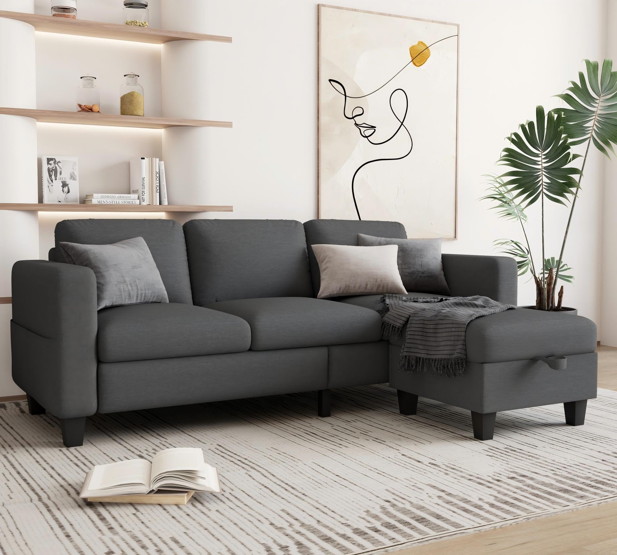 Grzyhem Sectional Couches for Living Room - Convertible L-Shaped Couch, Grey 3 Seater Modern Linen Sofa, 78" Sofas with Storage Ottoman for Small Space, Bedroom, Offices and Apartments