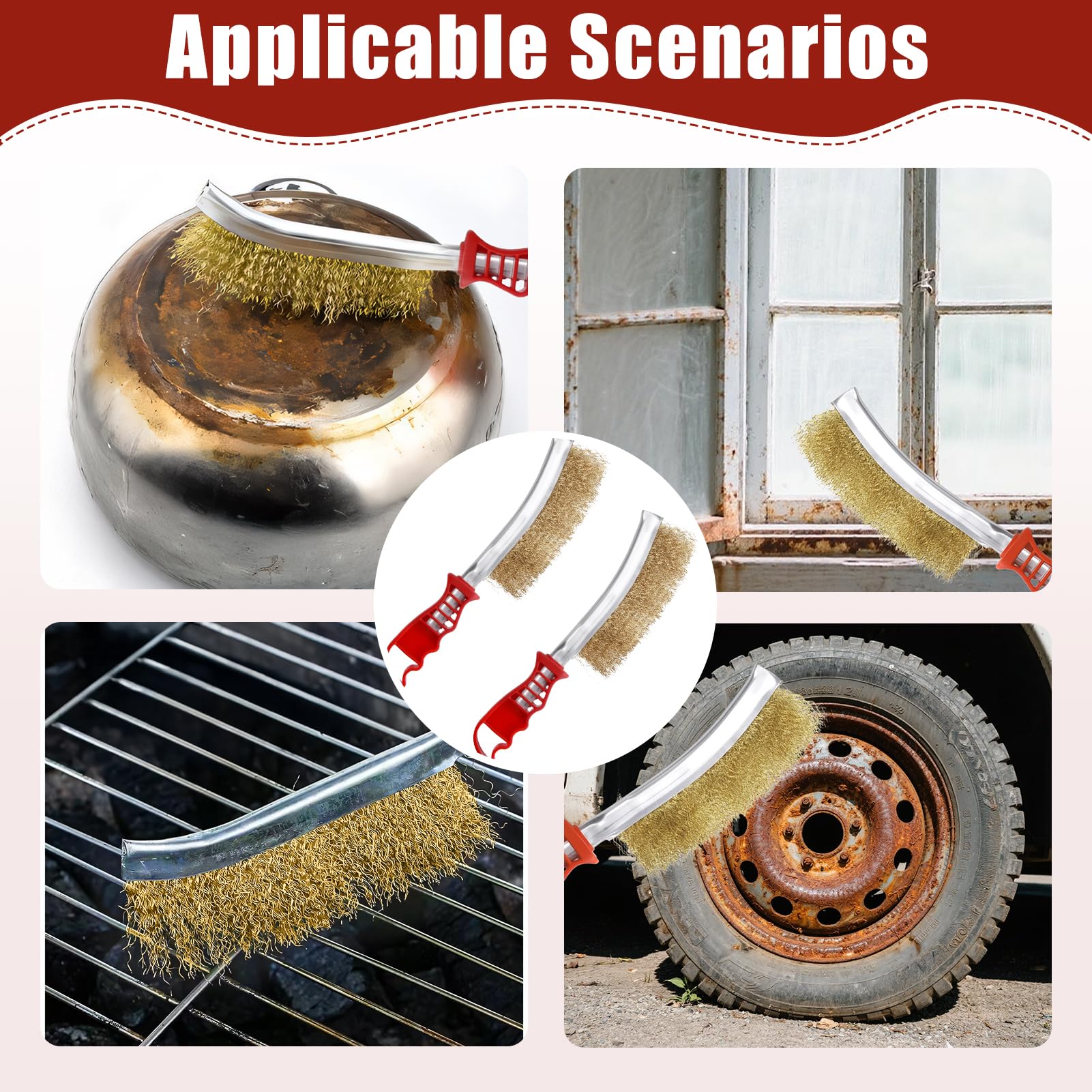 Set di 2 spazzole in ottone, spazzole metalliche, spazzola in ottone, spazzola in ghisa, spazzola in filo a mano con manico in plastica curvo per la pulizia di scorie di sudore e ruggine