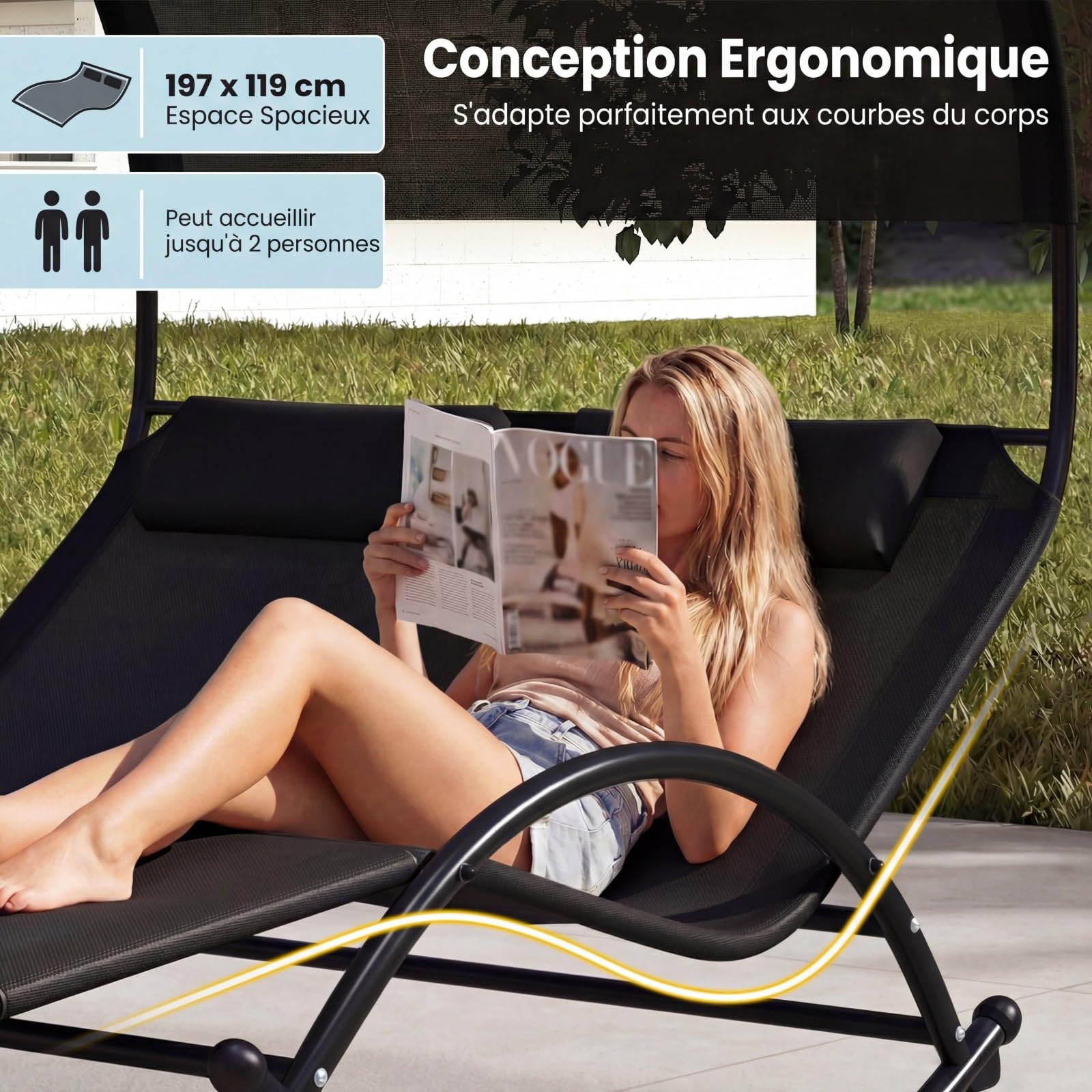 COSTWAY Chaise Longue Extérieur à Bascule, Transat à Bascule pour 2 Personnes, Lit de Repos 2 Places avec Auvent Pare-Soleil et 2 Oreillers Amovibles, Cadre en Métal Robuste, Charge 300 KG (Noir)