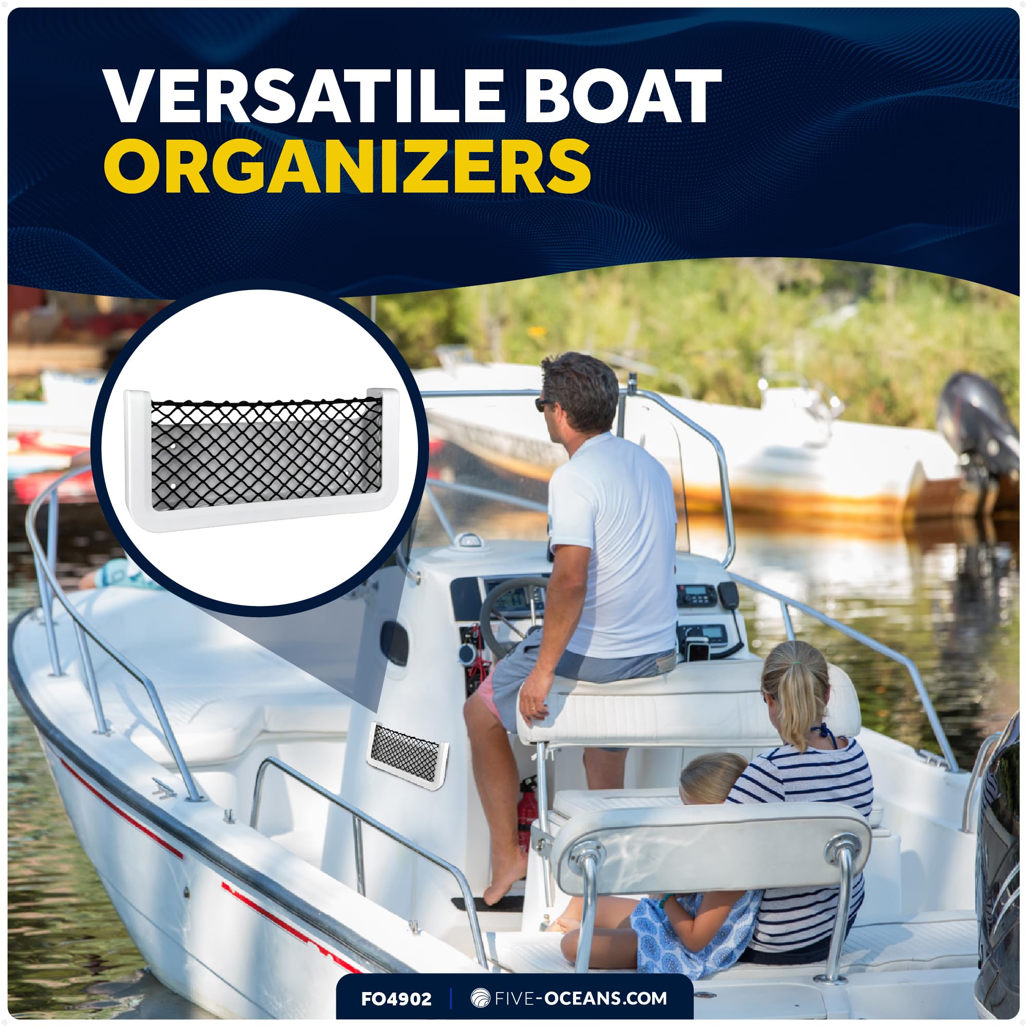 Five Oceans FO4902 Filet de rangement pour bateau, cadre blanc, filet élastique noir, 25,1 x 11,4 cm, filet de rangement idéal pour organisateur de bateau, voiture, camping-car