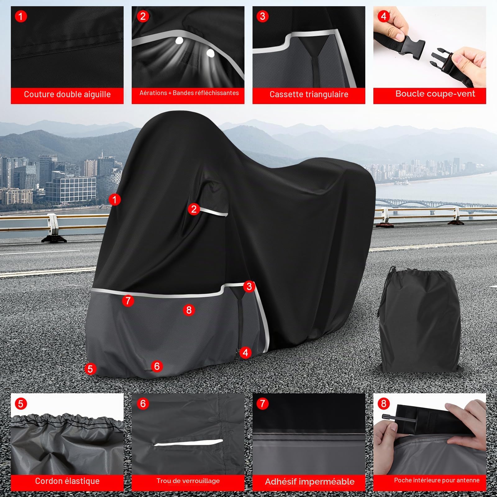 Bâche de Protection Moto, pour Piaggio mp3 400/500 (avec Coffre) | Housse mp3 400 Housse mp3 500 Protection imperméable, résistante à l'hiver, en Tissu Oxford 420D, Noir et Gris foncé