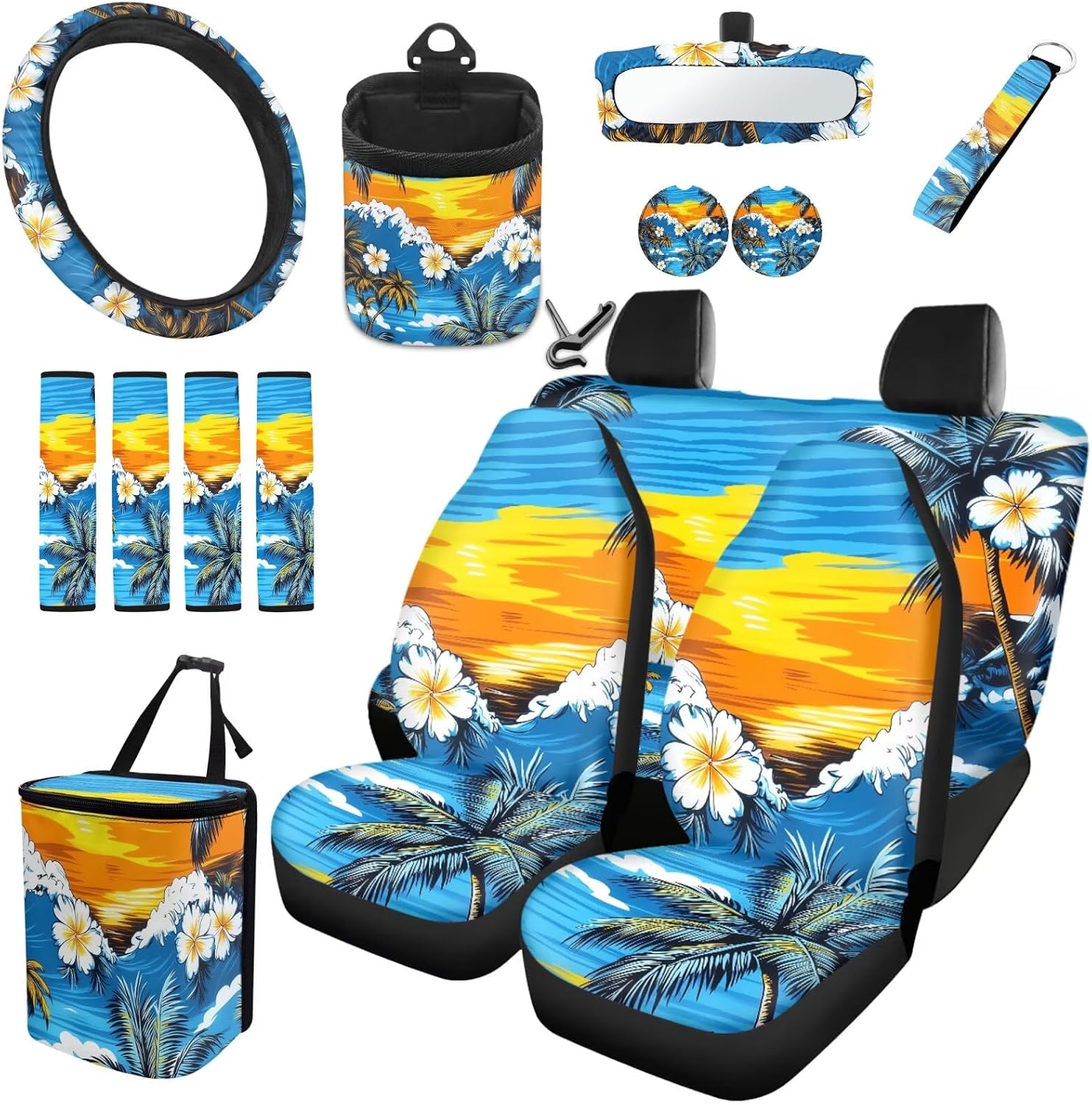 Bulopur Beach Palm Car Seat Protector Full Set with Car Cup Coasters