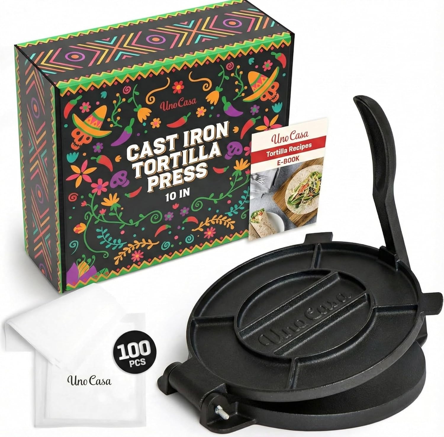 Uno Casa 10-Inch Cast Iron Tortilla Press - Pre-Seasoned Heavy-Duty Maker for Tortillas, Rotis, Empanadas with 100 Parchment Papers