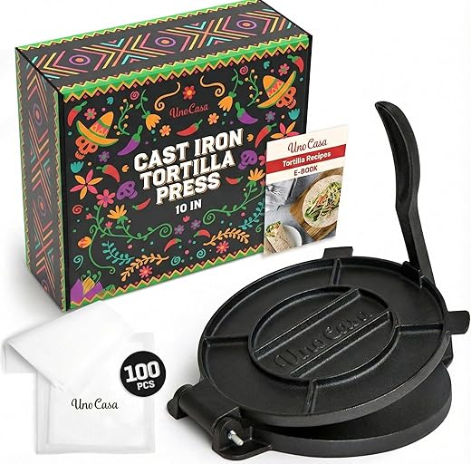 Uno Casa Cast Iron Tortilla Press 10 Inch – Pre-Seasoned Quesadilla Maker, Tortilla and Roti Maker With Bonus 100 Pcs Parchment Paper – Pataconera for Flour Tortilla, Tawa or Dosa