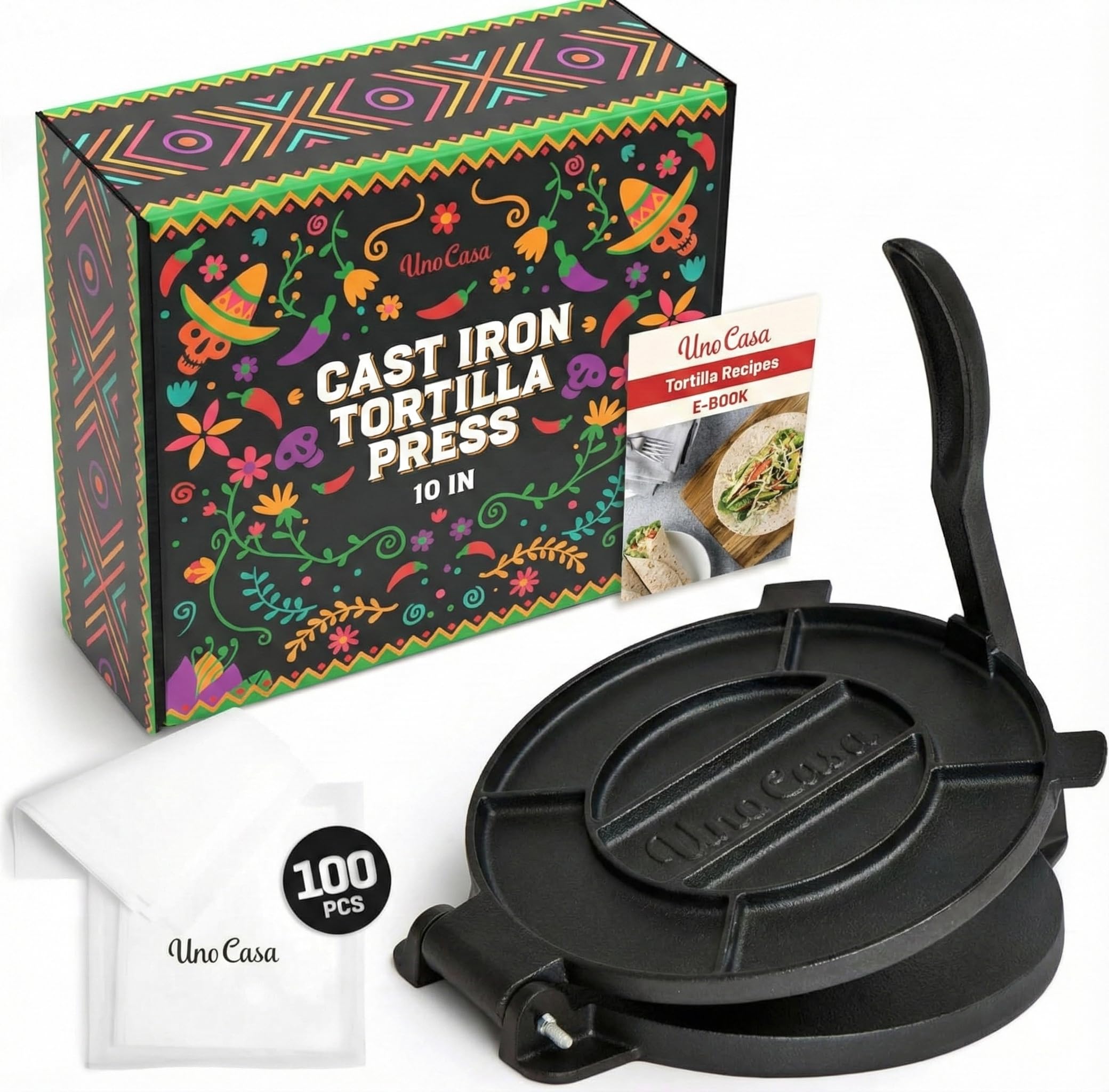Uno Casa Cast Iron 10 Inch Tortilla Press - Roti and Tortilla Maker Press for Corn Dough - Bonus 100 Pcs Parchment Paper - Heavy Duty Pre-Seasoned Press for Authentic Cooking and Flatbreads