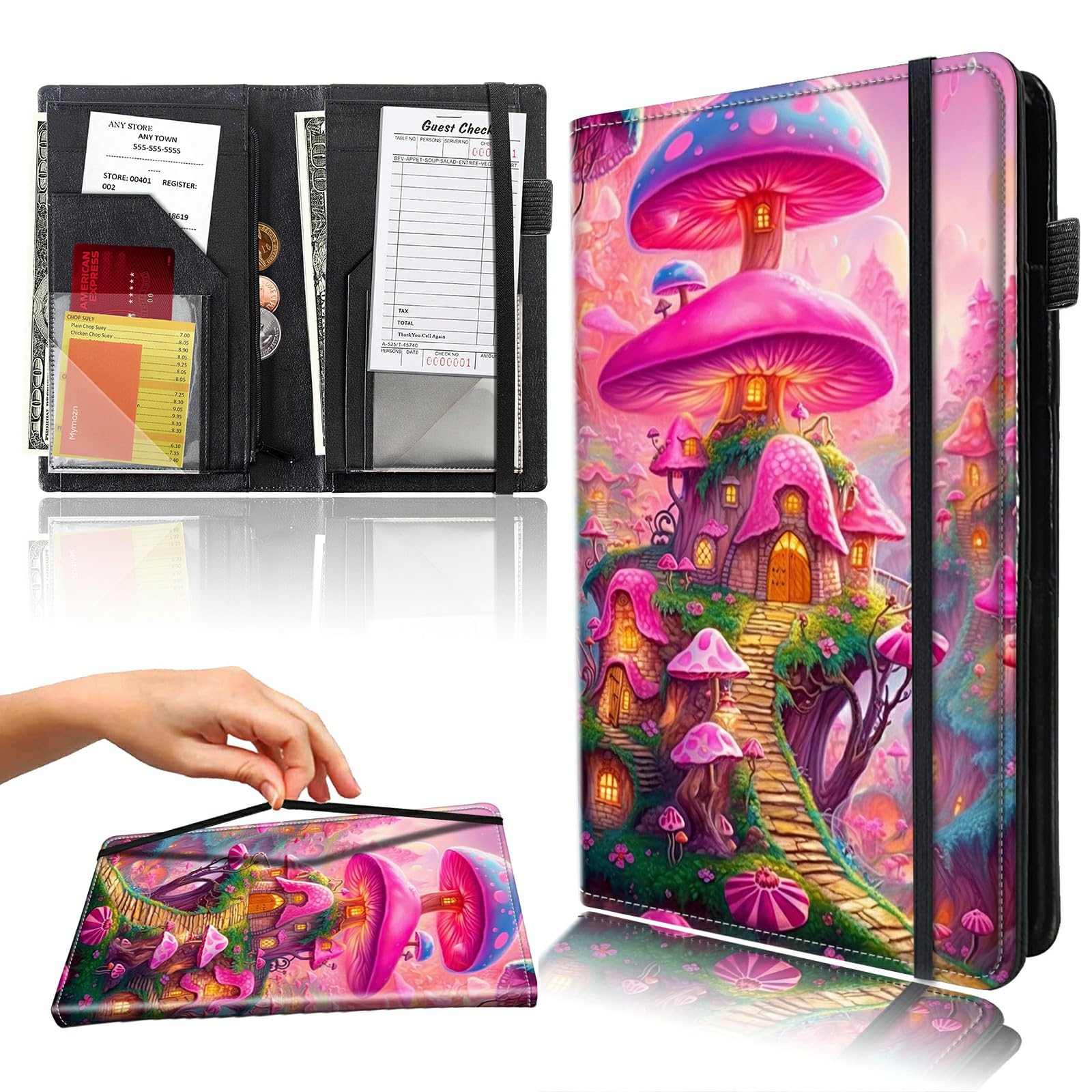 Server Books for Waitress, 9x5.5" PU Leather Cute Waitress Book Waiter Book Serving Books Guest Check Book Holder with Zipper Money Pocket Waiter