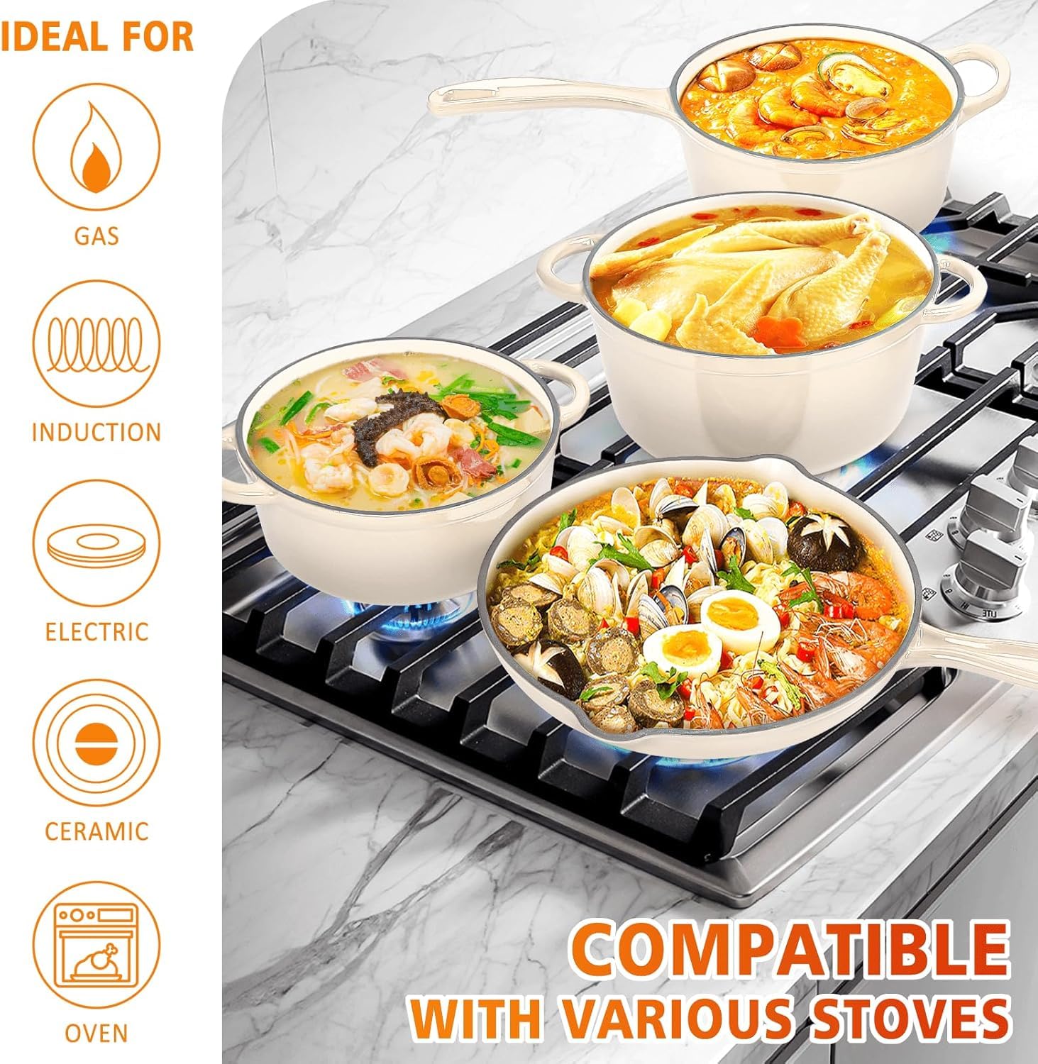 Denmay Set di pentole in ghisa smaltata – Set di 7 pezzi con forno olandese, padella, stufato, pentola per salsa con 3 coperchi, set da forno olandese, adatto per tutti i piani cottura, bianco crema