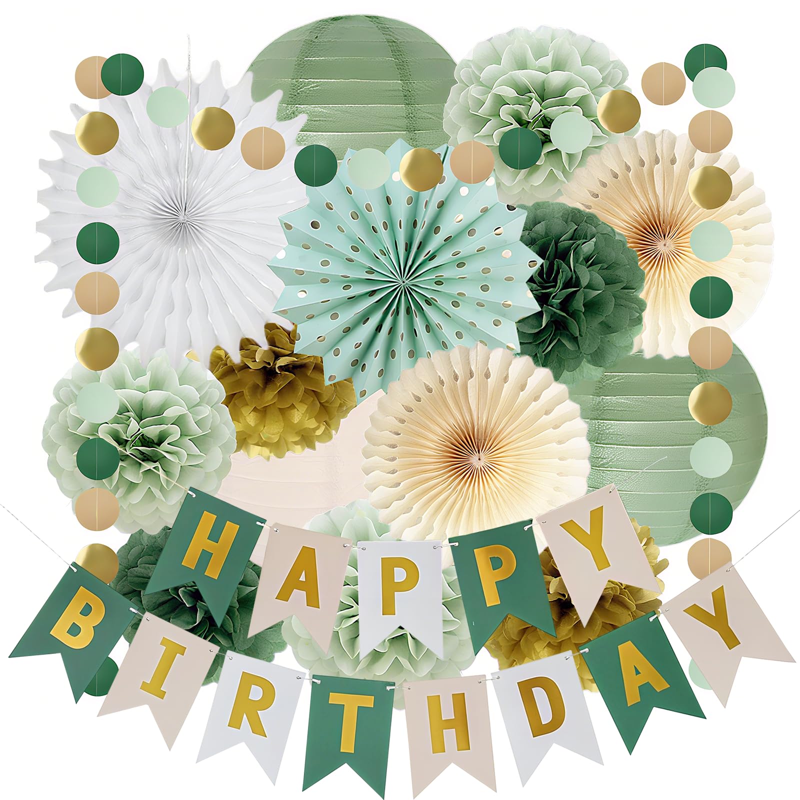 Verde salvia, decorazione di compleanno, decorazioni per feste di compleanno, verde salvia, verde salvia, verde salvia, carta velina, oro, pom poms, sacchetti di carta velina d'oliva, per decorazioni
