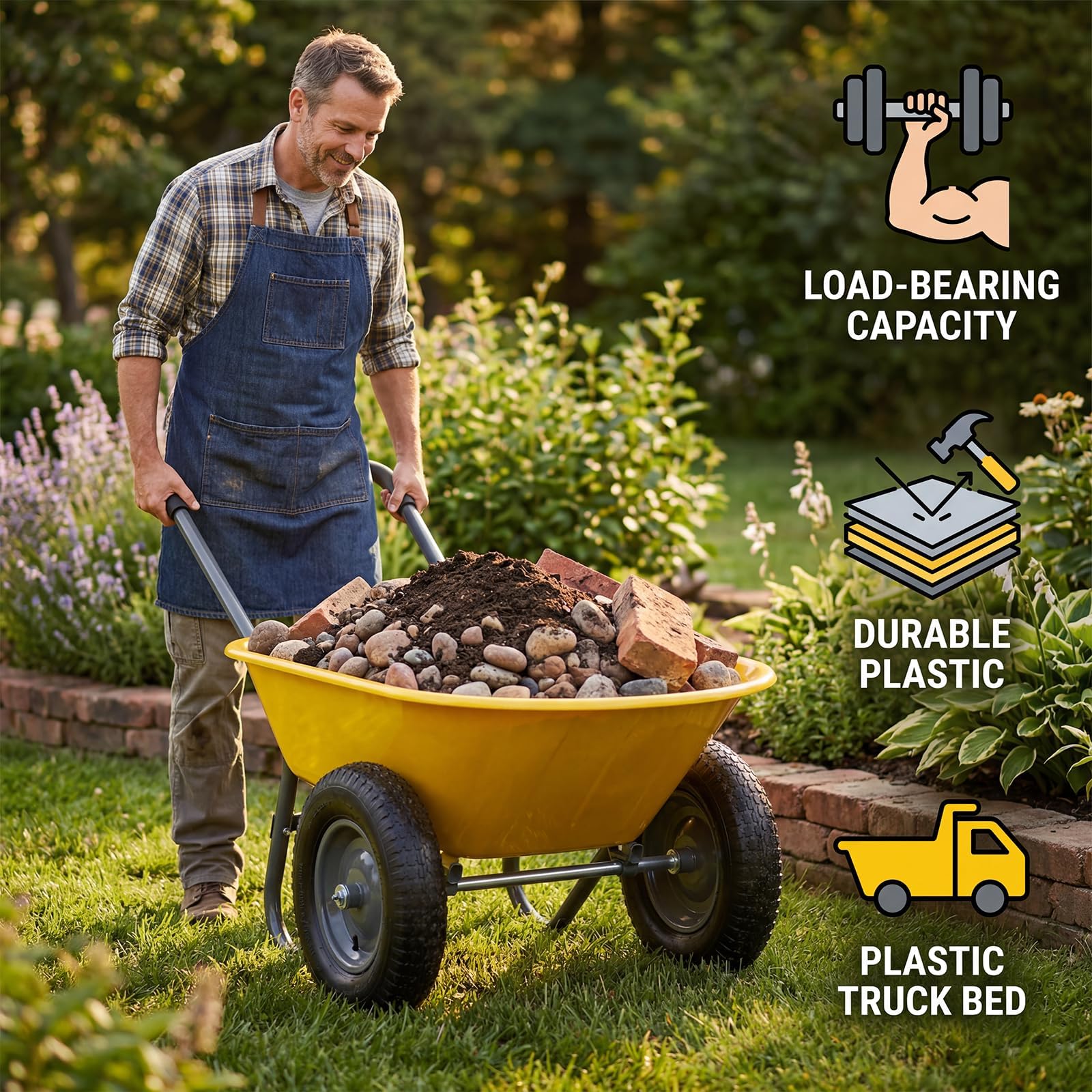 Aptliton Brouette De Jardin à 2 Roues, Chariot Utilitaire Fer Et Plastique 124x66x62,5 cm, Bac Plastique Renforcé Antirouille, Pneus Pneumatiques Jantes Métal, Multicolore Vert Armée Gris Rouge Jaune