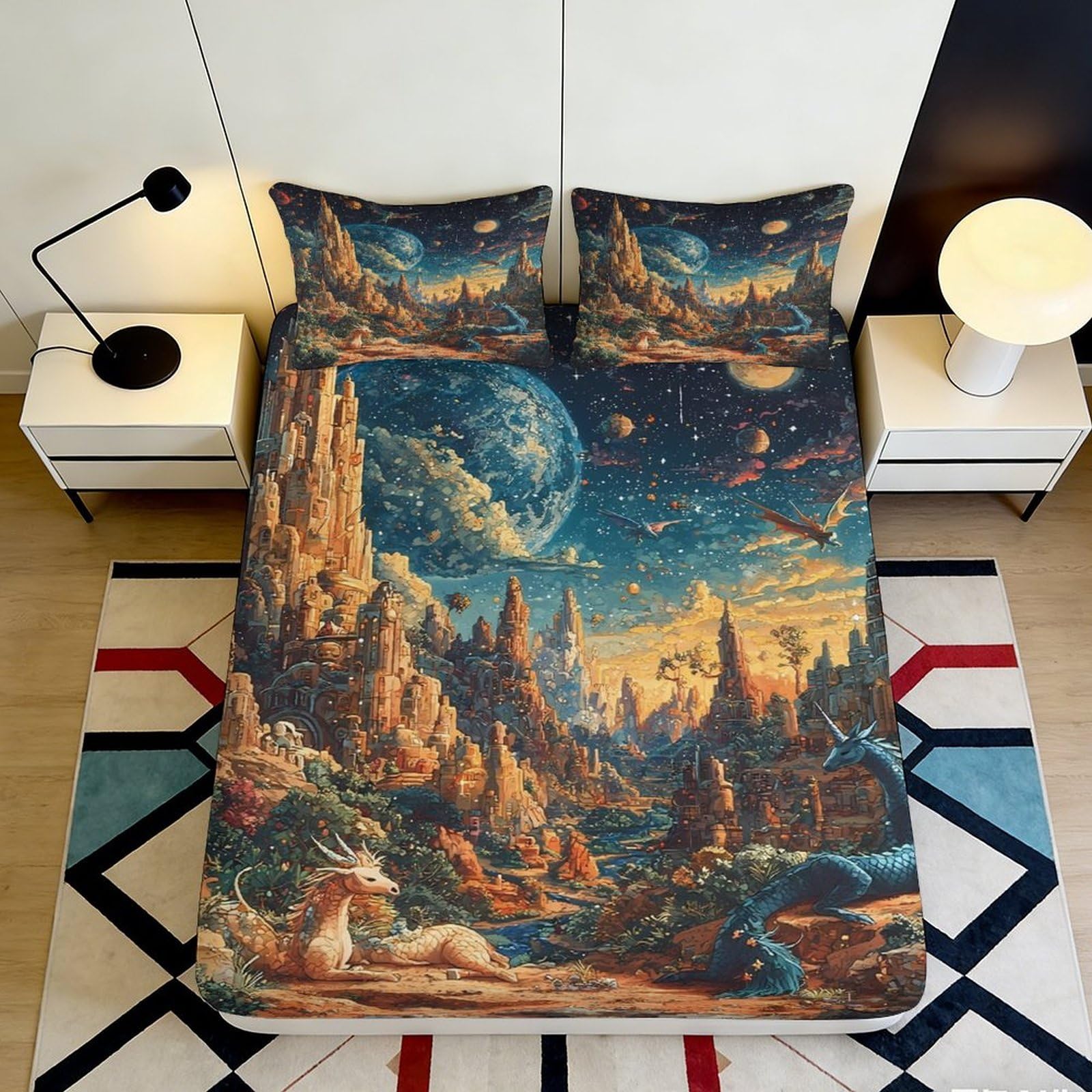 Pnayamiorkfel Style-7 3D Printed Fantasy Dragon Landscape Fitted Sheet Microfiber Soft Mattress Cover For Bedroom Guest Room Decor 90X200x25cm