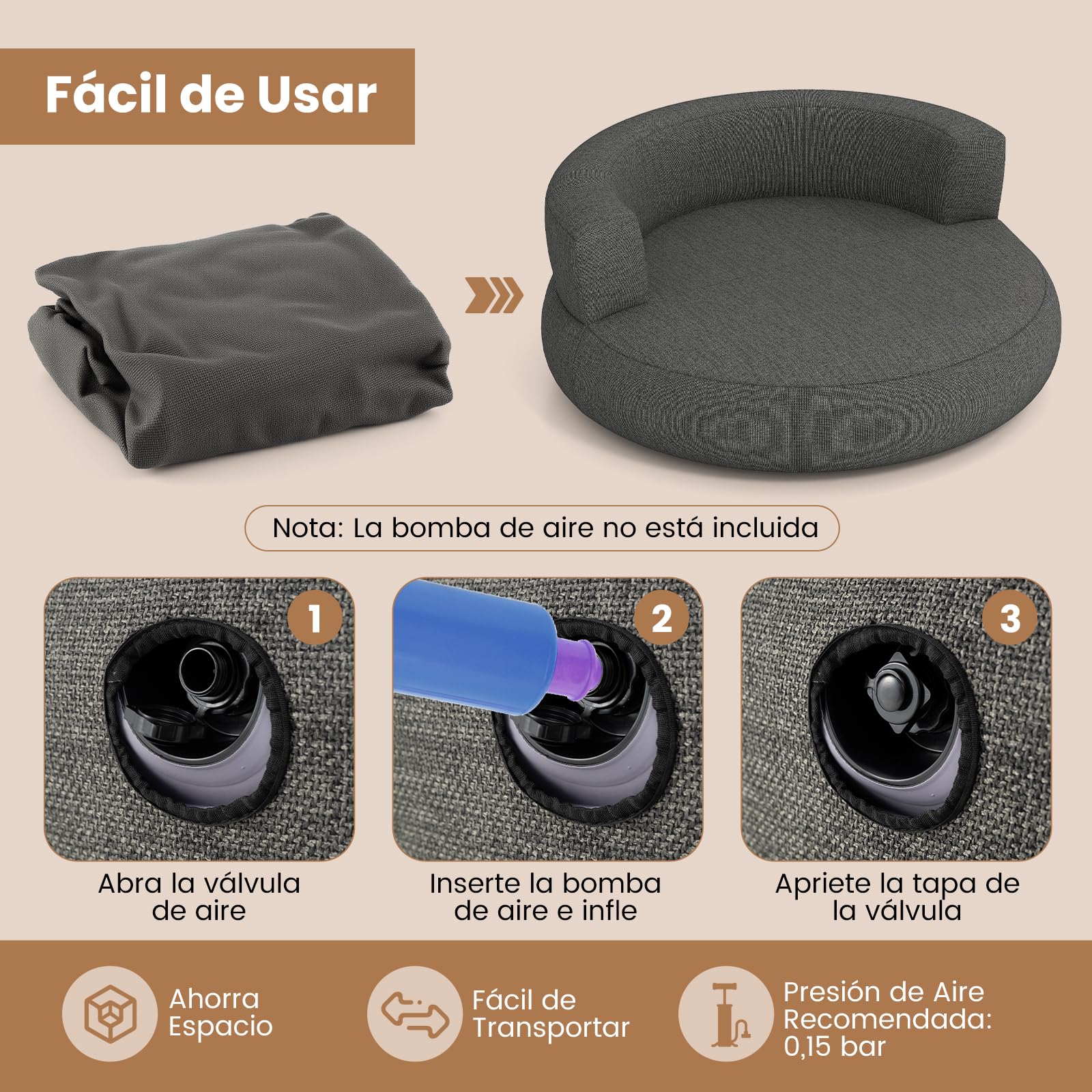 COSTWAY Sofá Hinchable XL, 160 x 164 x 61,5 cm, Sofá Cama Redonda Inflable con Funda Desmontable, Zona Espaciosa y Reposabrazos Amplios, Sillón Hinchable para Salón, Dormitorio, Oficina (Gris)
