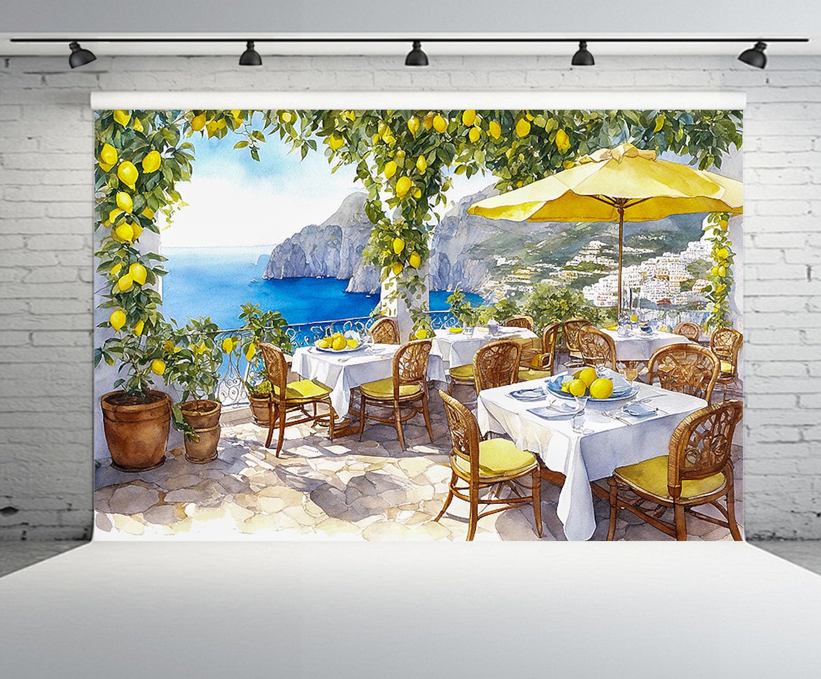 CHNYWORK 7x5ft Watercolor Capri Restaurant Backdrop Hand Drawn Mediterranean Lemon Trees Cafe Terrace Table Chair Parasol Costal Town Background