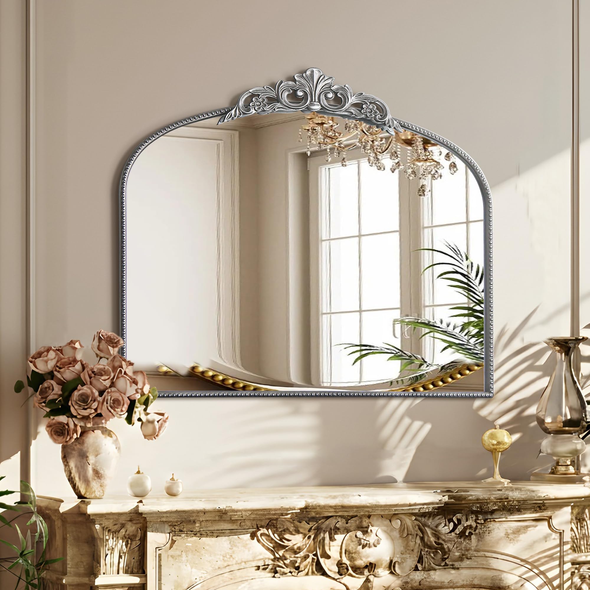 Micasso Vintage Baroque Silver Mirror: 29" x 36" French Vintage Mirror - Traditional Ornate Decorative Arched Mirrors for Wall/Bathroom/Entryway/Fireplace/Hallway - Home Decor for Living Room