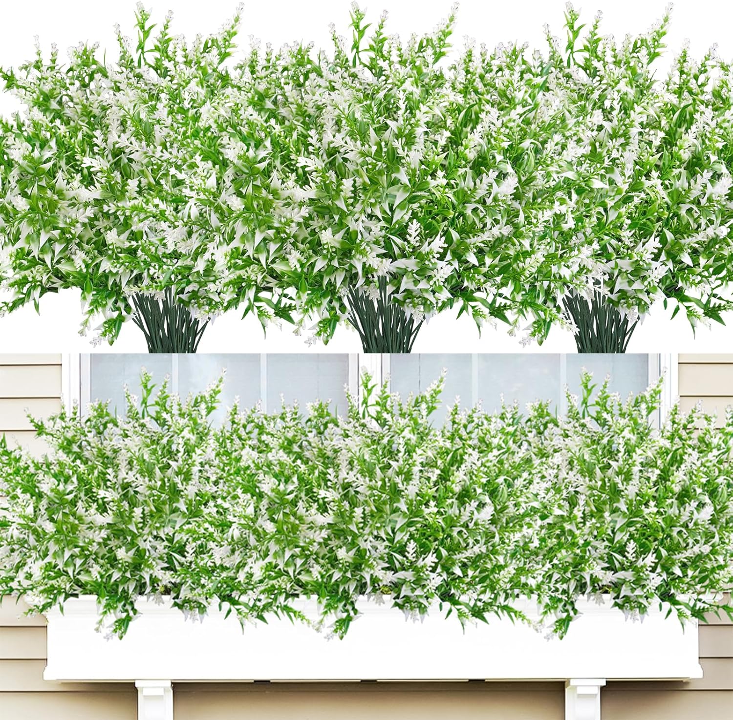 42 Pcs Fake Lavender Flowers Outdoor UV Resistant Faux Plastic Lavender Flowers No Fade Artificial Lavender Purple Plants for Outside Garden Porch Window Box Hanging Planter Decor (White)