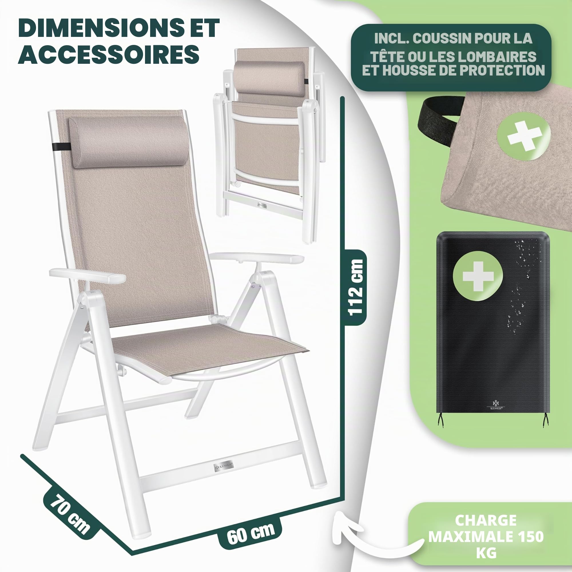 KESSER® Chaise de Jardin à Dossier Haut avec accoudoirs | Lot de 2 | en Aluminium avec Coussin et Housse | avec Dossier réglable en 7 Positions | Respirante, Pliable, Antidérapante | Taupe