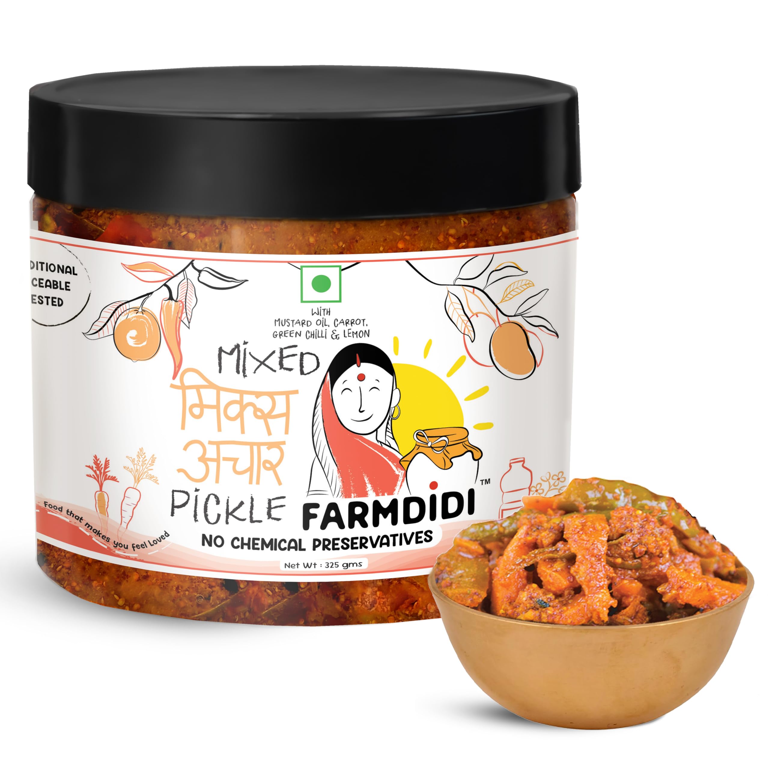 FarmDidi | Mixed Pickle 325G |Carrot, Lemon & Chilli | No Preservatives | Low-Oil | Tangy & Salty |Organically Processed | Traditional Recipe