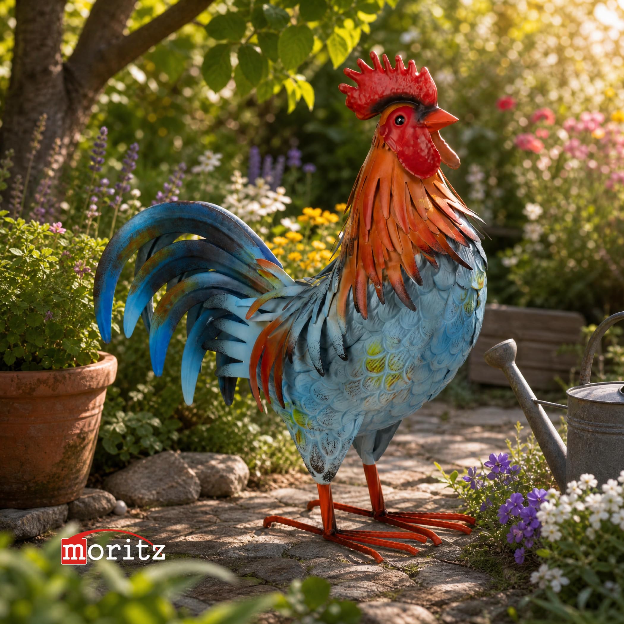 Moritz Deko Hahn Blau-Orange 46 cm - Gartenfigur Hühnerfigur aus Metall handbemalt - Landhausstil Vintage bunter Gockel freistehend für Garten Terrasse Balkon - Geschenk Frühling Ostern Muttertag