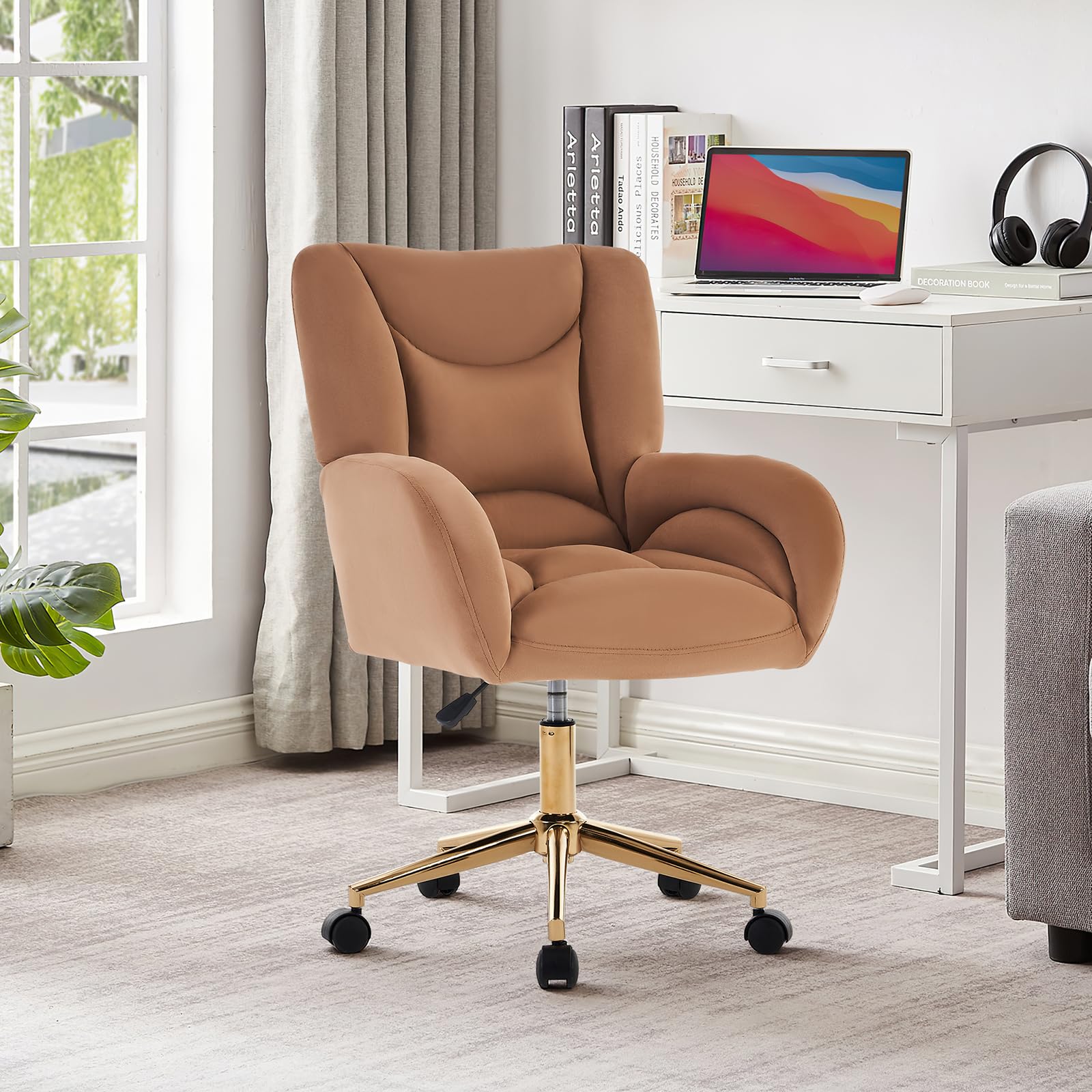 Hommoo Home Office Desk Chair Comfy Velvet Height Adjustable Vanity Chair with Wheels and Arms Modern Rolling Desk Chair 360°Swivel Gold Frame for