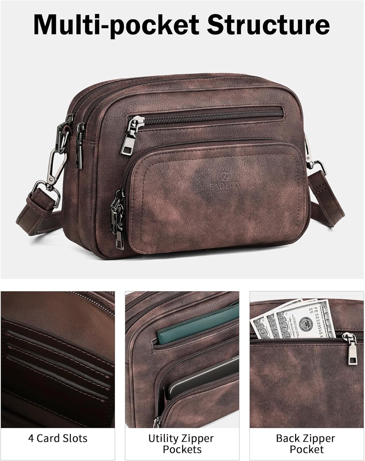 FADEON Crossbody Bags for Women Multi-pocket Leather Crossbody Purses, Designer Shoulder Bag Purse Removable Strap Brown - Image 5